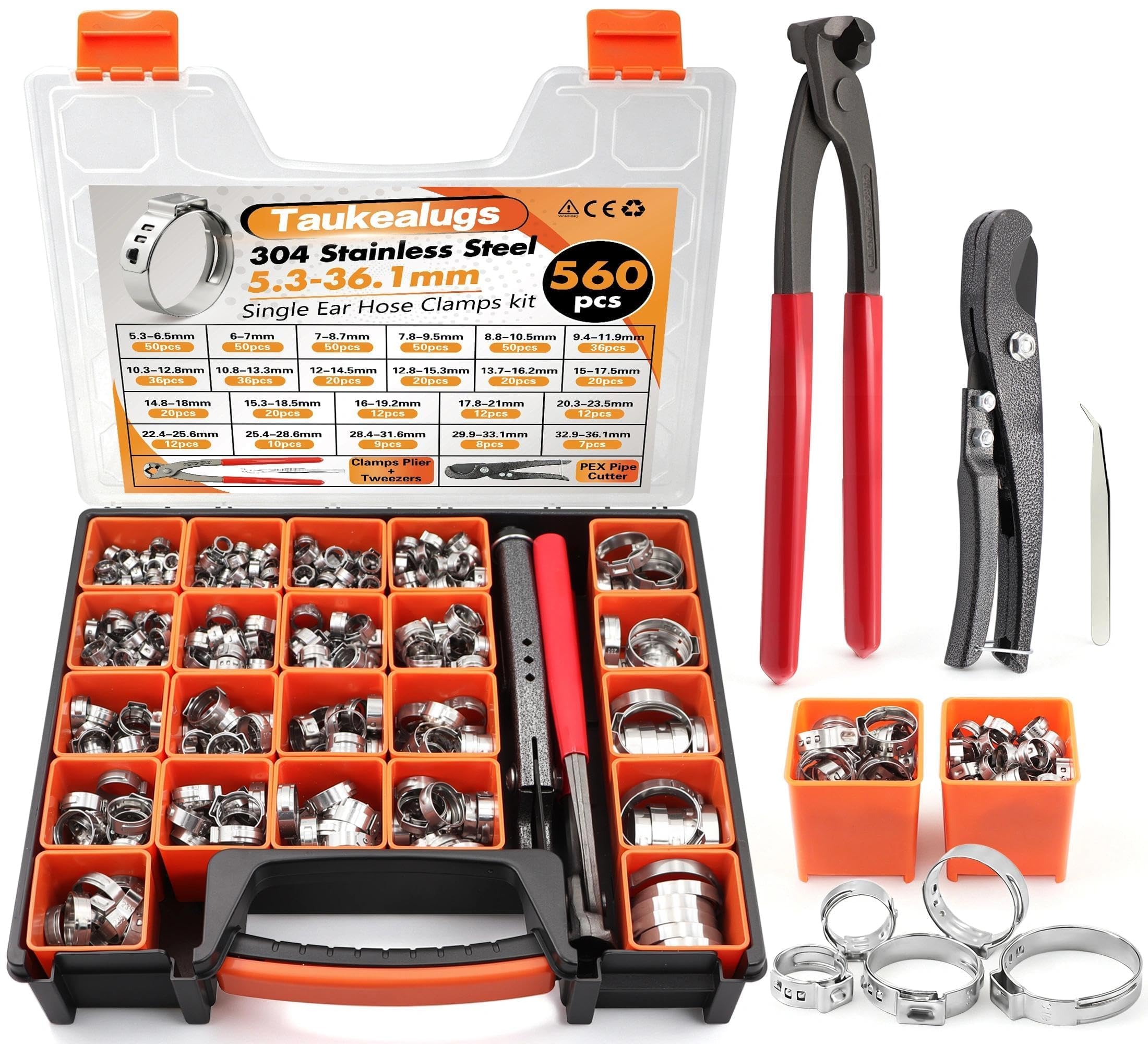560PCS 22-Sizes Stepless Single Ear Hose Clamp Kit with Pliers &amp; Cutter, 5.3-36.1mm (1/4"-1-3/8") 304 Stainless Steel Anti-Corrosion Clamps for Automotive Fuel Line,CV Boot,HVAC,Radiator &amp; PEX