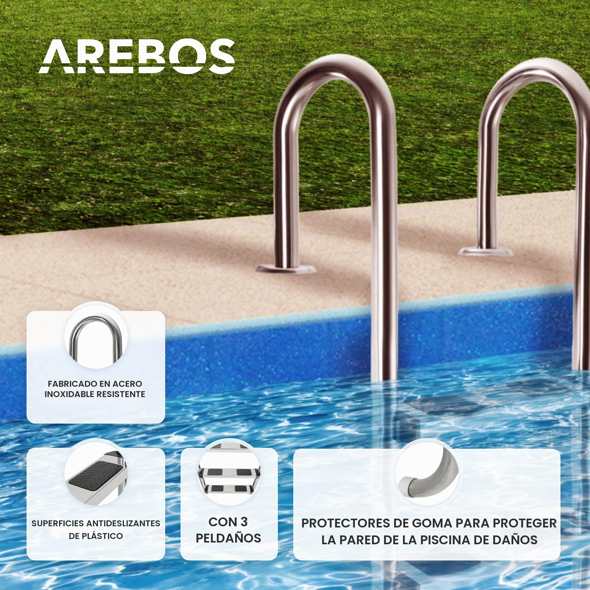 Arebos – Acero Inoxidable Escalera para Piscina de | 3 o 4 peldaños | con antirutschpads en los peldaños