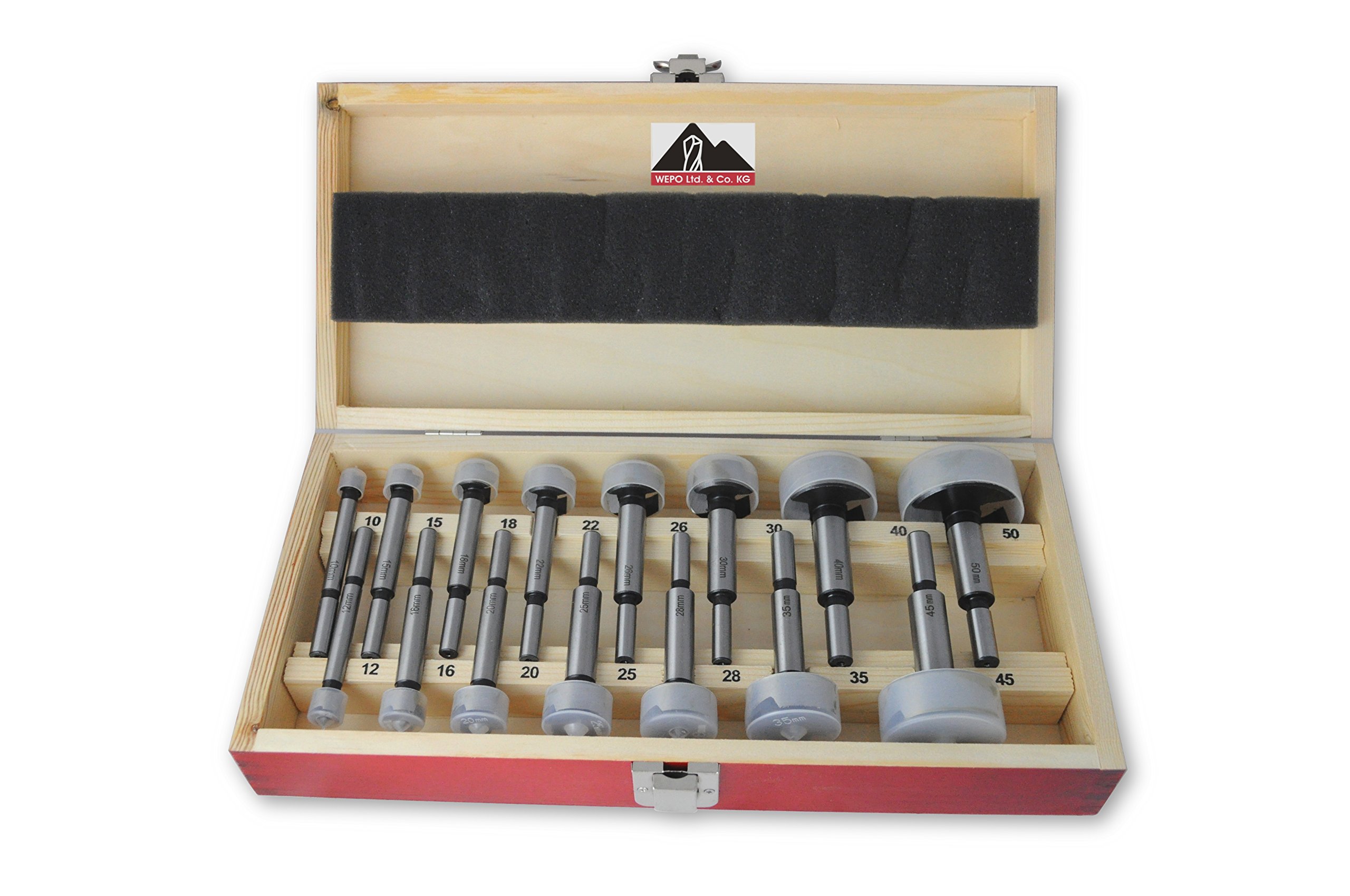 Lot de 15 forets à bois présentés dans une coffret en bois de qualité supérieure - Diamètre de 10 à 50 mm - Capuchons de protection inclus