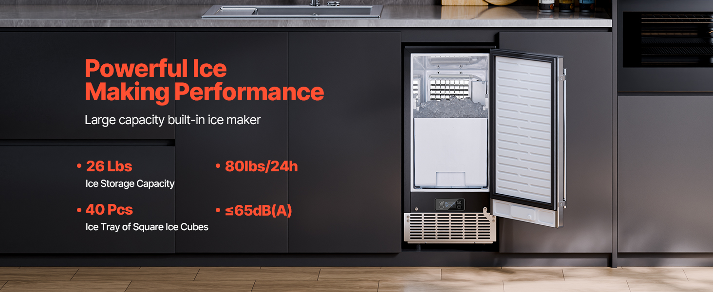 Image of VEVOR Under Counter Ice Maker Machine, 80 Lbs /Day Stainless Steel Built-in Ice Maker with Drain Pump Reversible Door, 26lbs Storage Freestanding Ice Maker for Commercial Home Kitchen