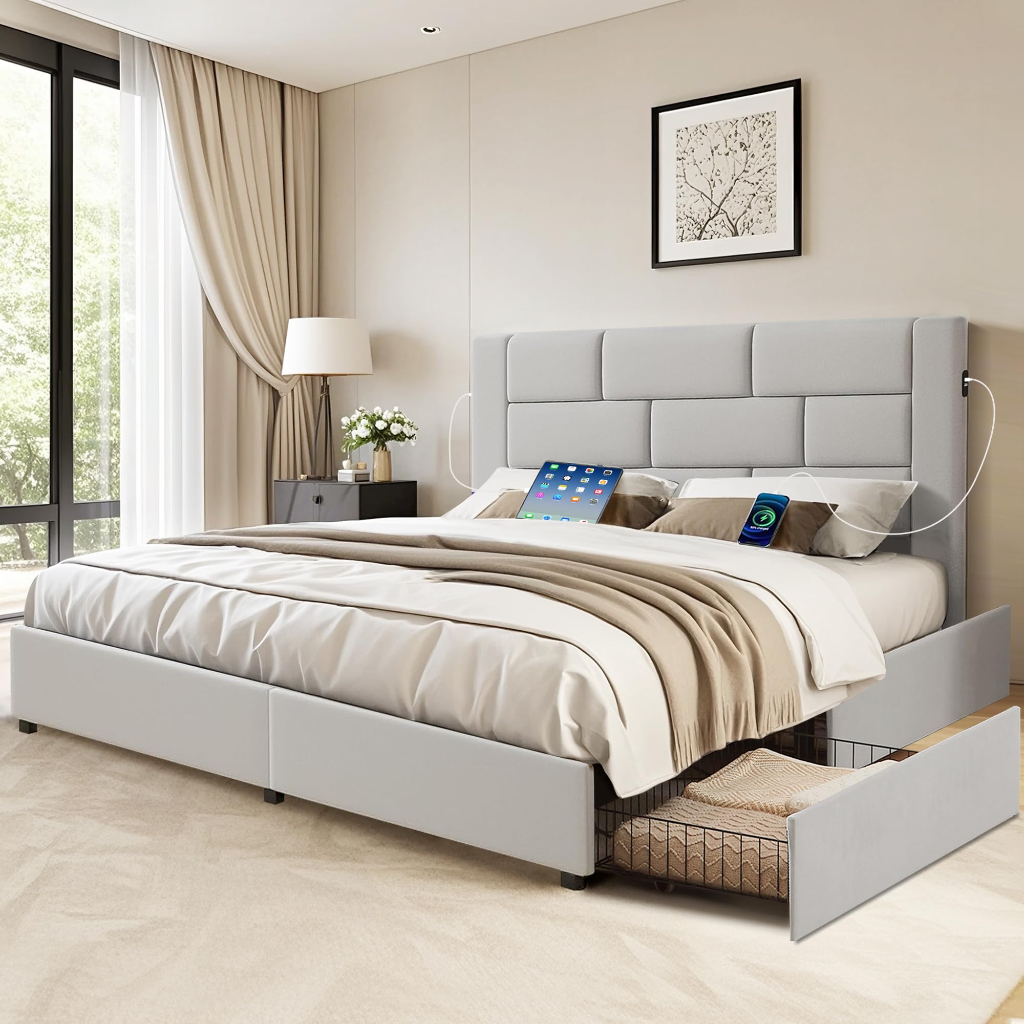 VECELO Full Bed Frame with 4 Storage Drawers, Velvet Upholstered Platform Beds Charging Station-Ports for USB and Type-C, Noise-Free, No Box Spring Needed, Easy Assembly, Light Grey