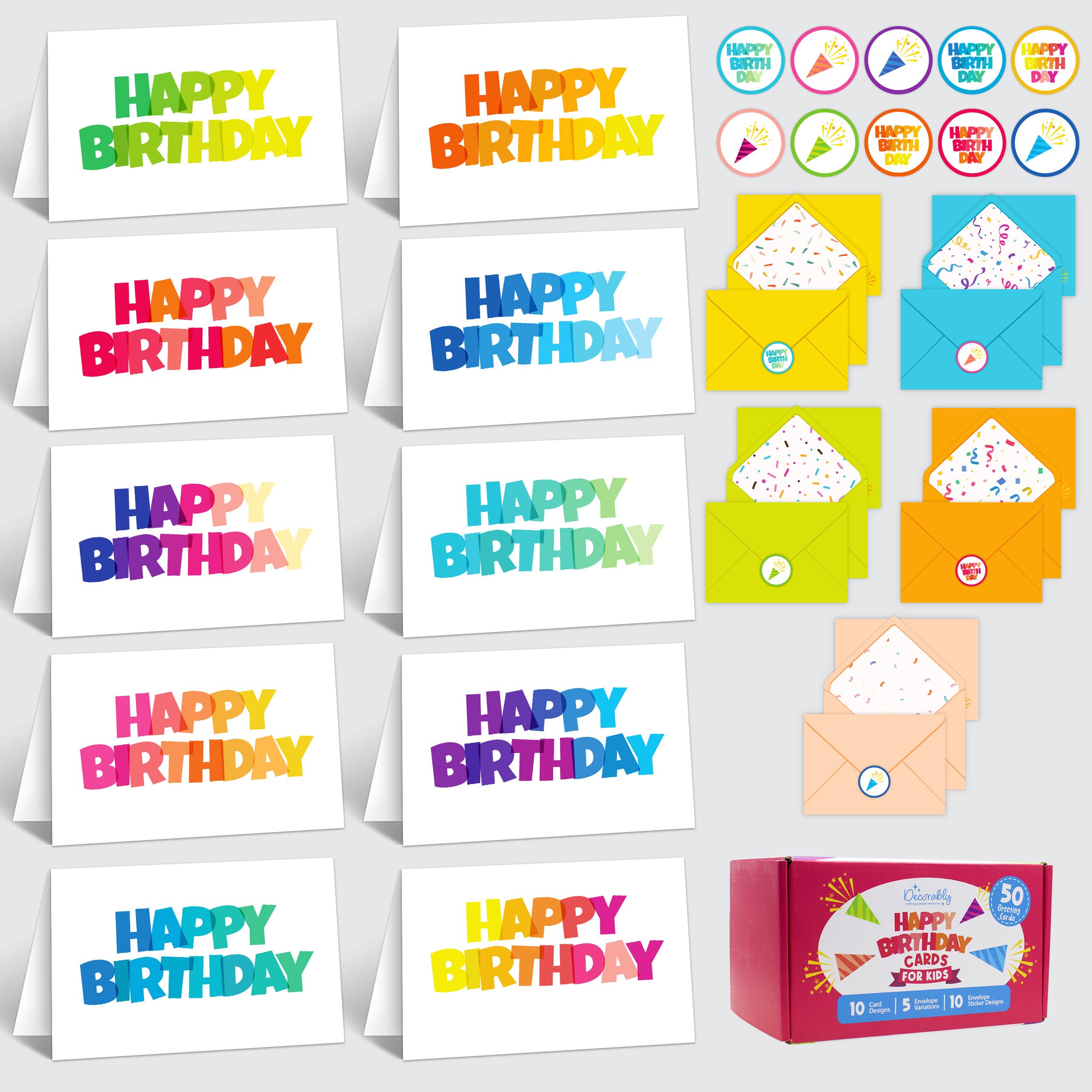 Decorably 50 Pack 6x4in Happy Birthday Cards Bulk with Envelopes and Stickers, 10 Folded Colorful Designs for Kids, Friends, Family and Loved Ones,
