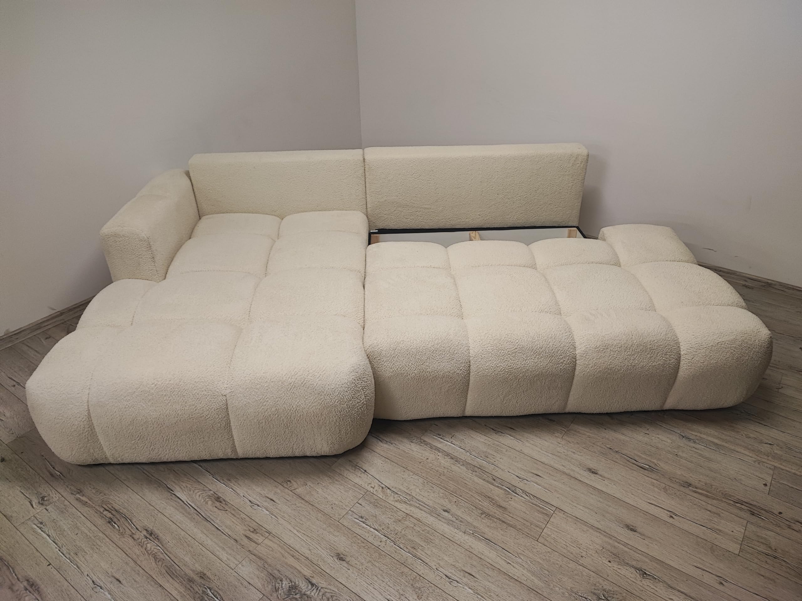 Narożnik Soffi Rozkładany, Kremowa Tkanina Boucle, Funkcja Spania, Pikowany, 280x165x95 cm, Lewy