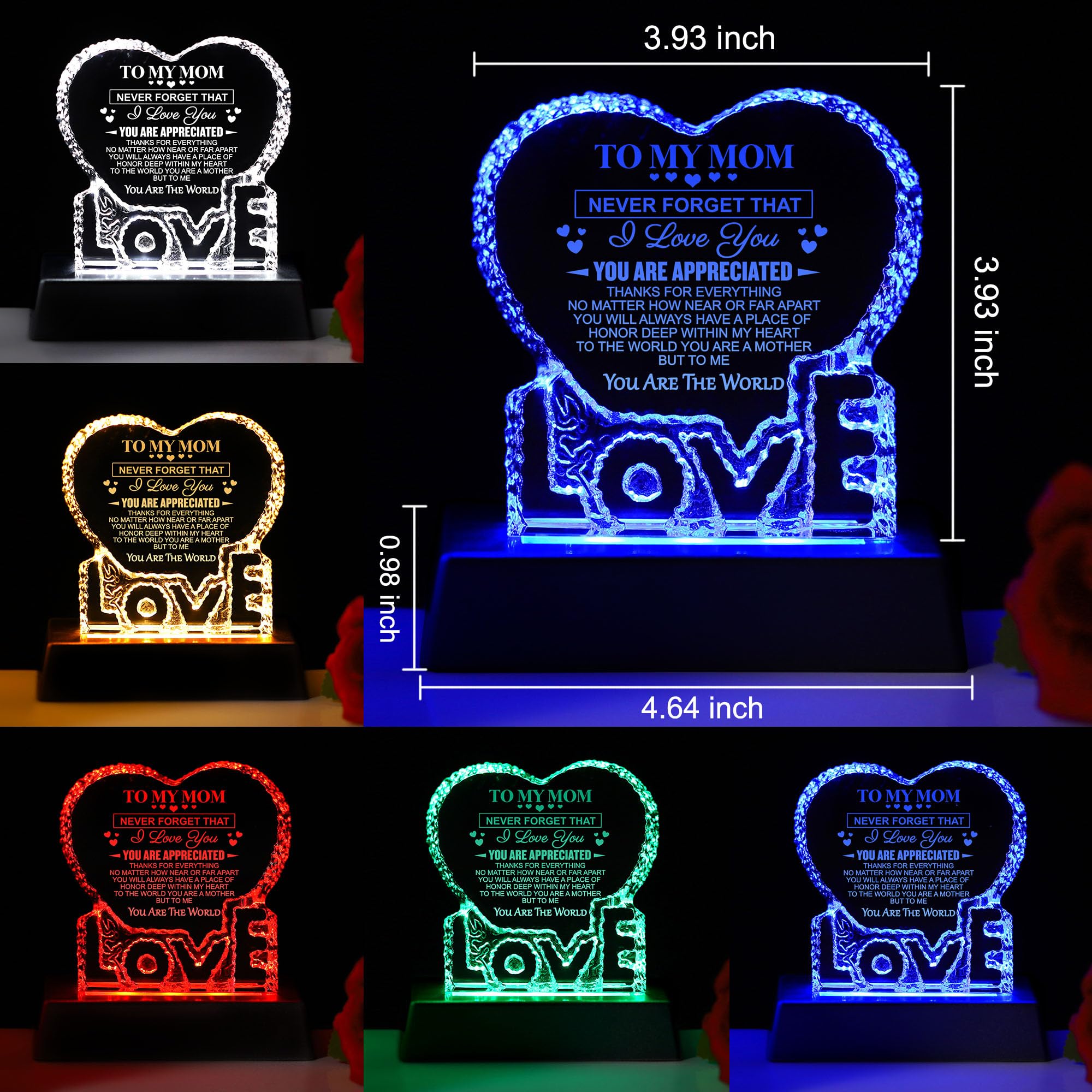 ZHSHWAT Mothers Birthday Day Gifts for Mom,Heart-Shaped Crystal Multicolor Nightlight Gifts for Mom from Son Daughter for Christmas Anniversary