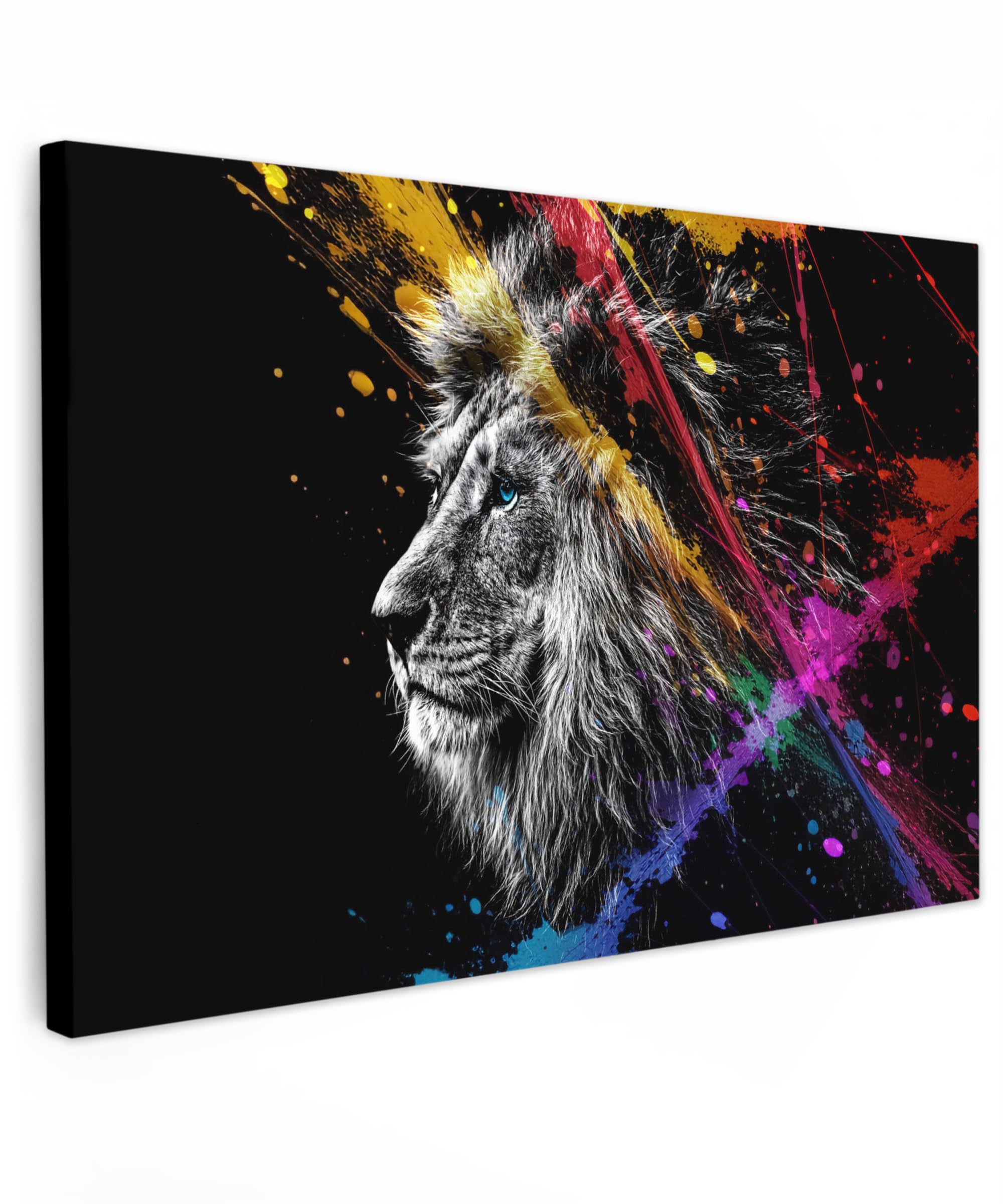 MuchoWow© Canvas Wall Art 35"x24" / 90x60 cm Decor Paintings Print framed on Canvas Pictures for Hallway Lion - Black and white - Colour - Graffiti - Animals