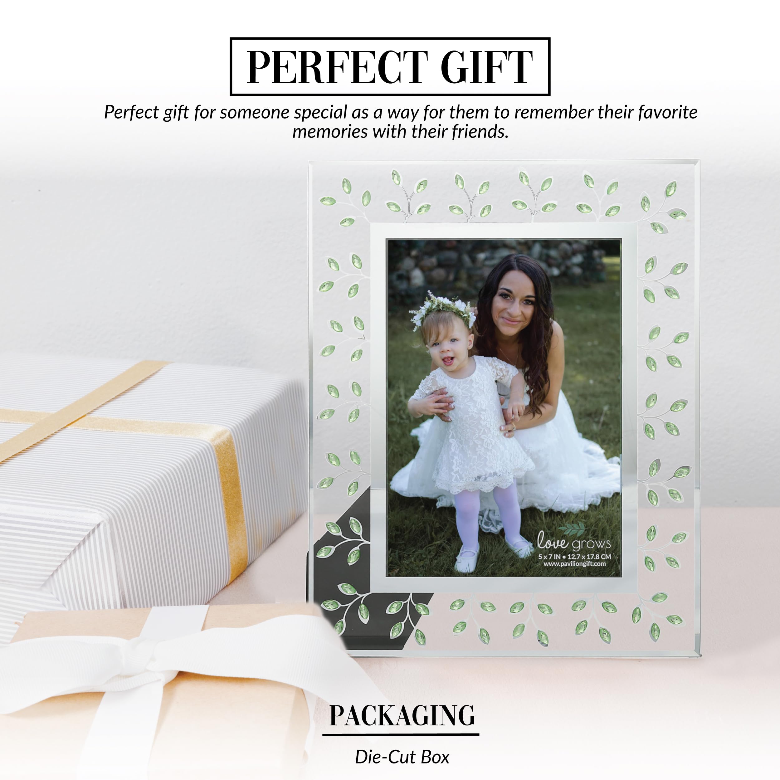 Pavilion Gift Company Ramka na zdjęcia z zielonymi klejnotami i szkłem lustrzanym - ramka na zdjęcia ślubne dla dziewczynki z kwiatami, rodzinna ramka na zdjęcia (pomieści zdjęcie 12,7 cm x 18 cm),