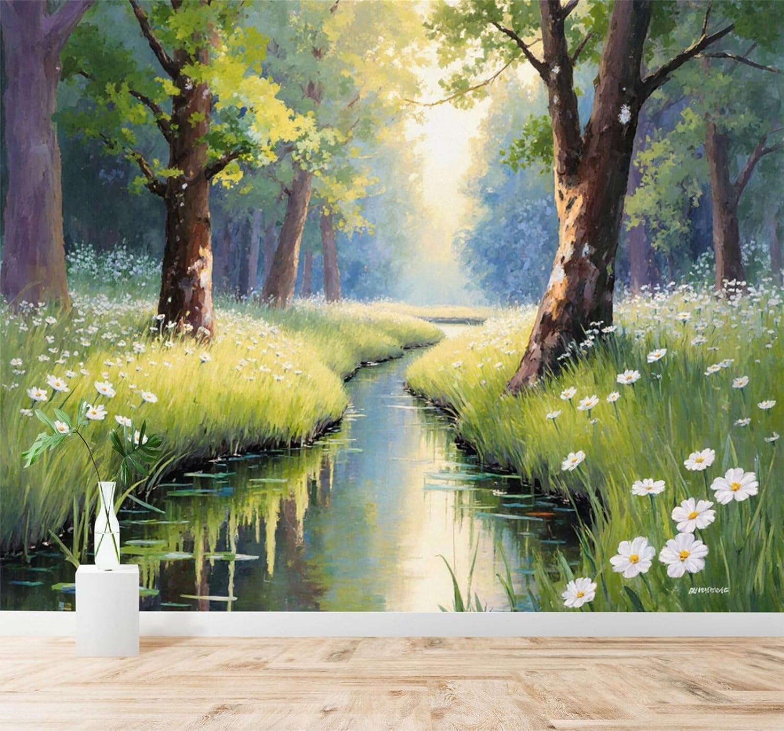 XLMING Sunlight Forest Stream Trees White Wildflowers 3D Wallpaper Silky Texture Home Study Office Grey Dining Room Sofa Bedroom Living Room TV Backdrop-250cm×170cm