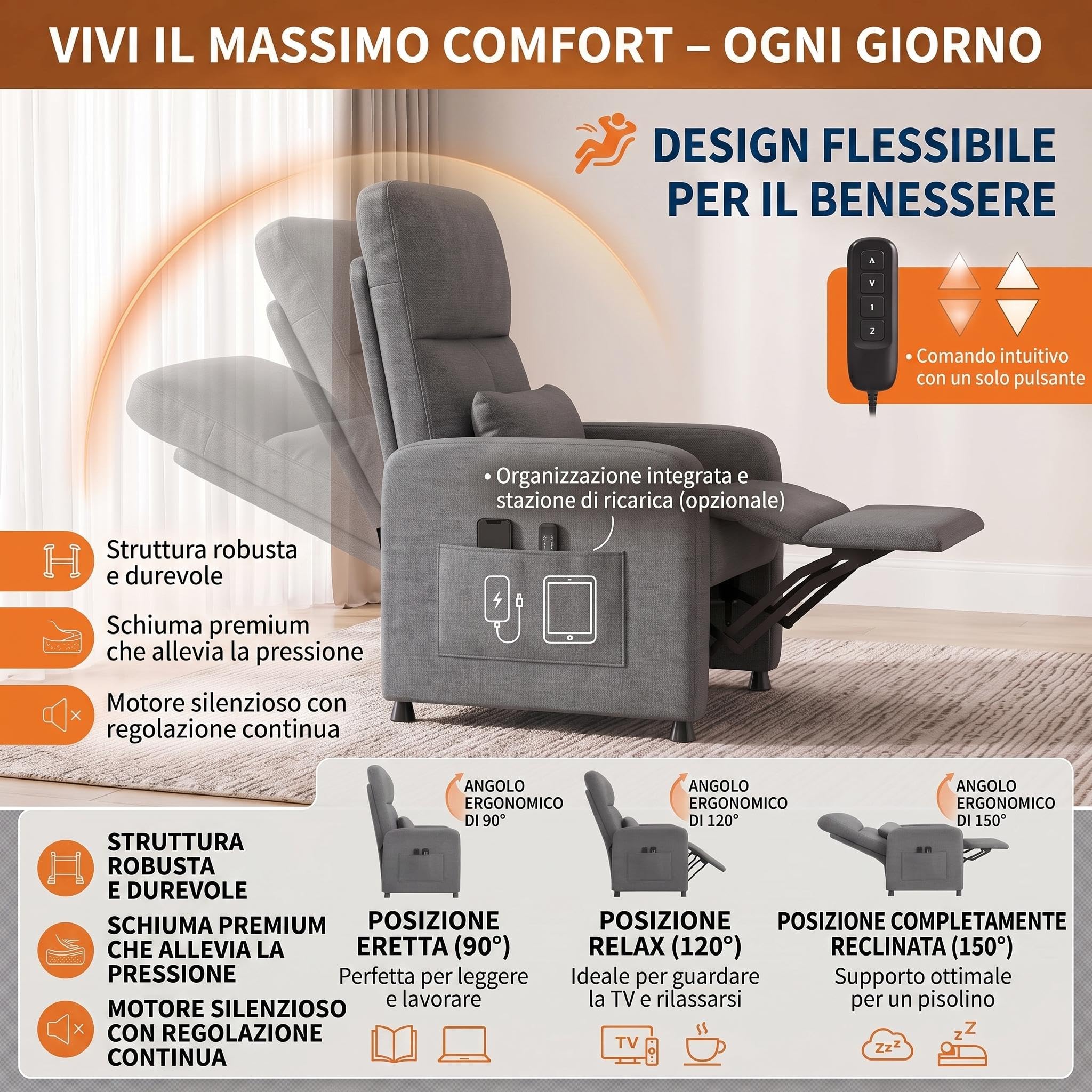 Litake Poltrona Relax Elettrica Reclinabile con Massaggio e Riscaldamento - Schienale e Poggiapiedi Regolabili - Imbottitura Spessa in Tessuto - Ideale per Soggiorno, Camera da Letto o Ufficio -
