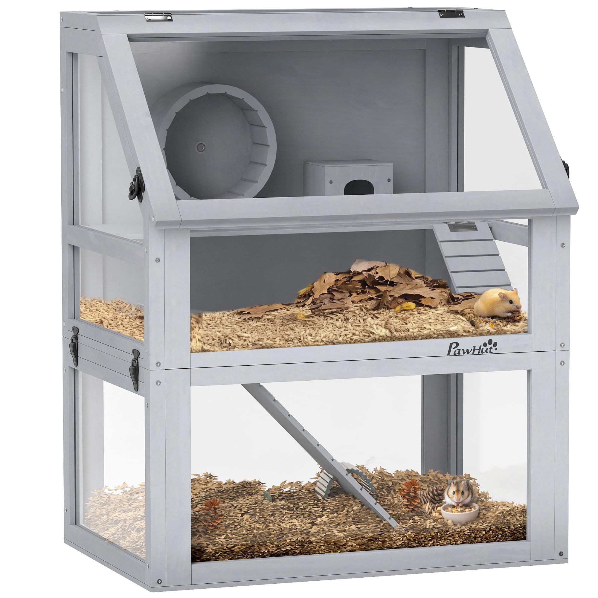 PawHut Wooden Hamster Cage, 3 Tier Gerbil Cage with Detachable 32cm Deep Bottom, Hut, Seesaw, Exercise Wheel, Ramps, Light Grey