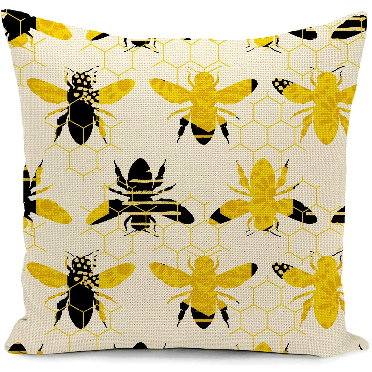 Kunqian Yellow Bee Cushion Cover Pillow Cover Linen Honeycomb Decor For Home Livingroom Outdoor Couch Bed Sofa Decorate Throw Pillow Case Bee Gift 18"X18"