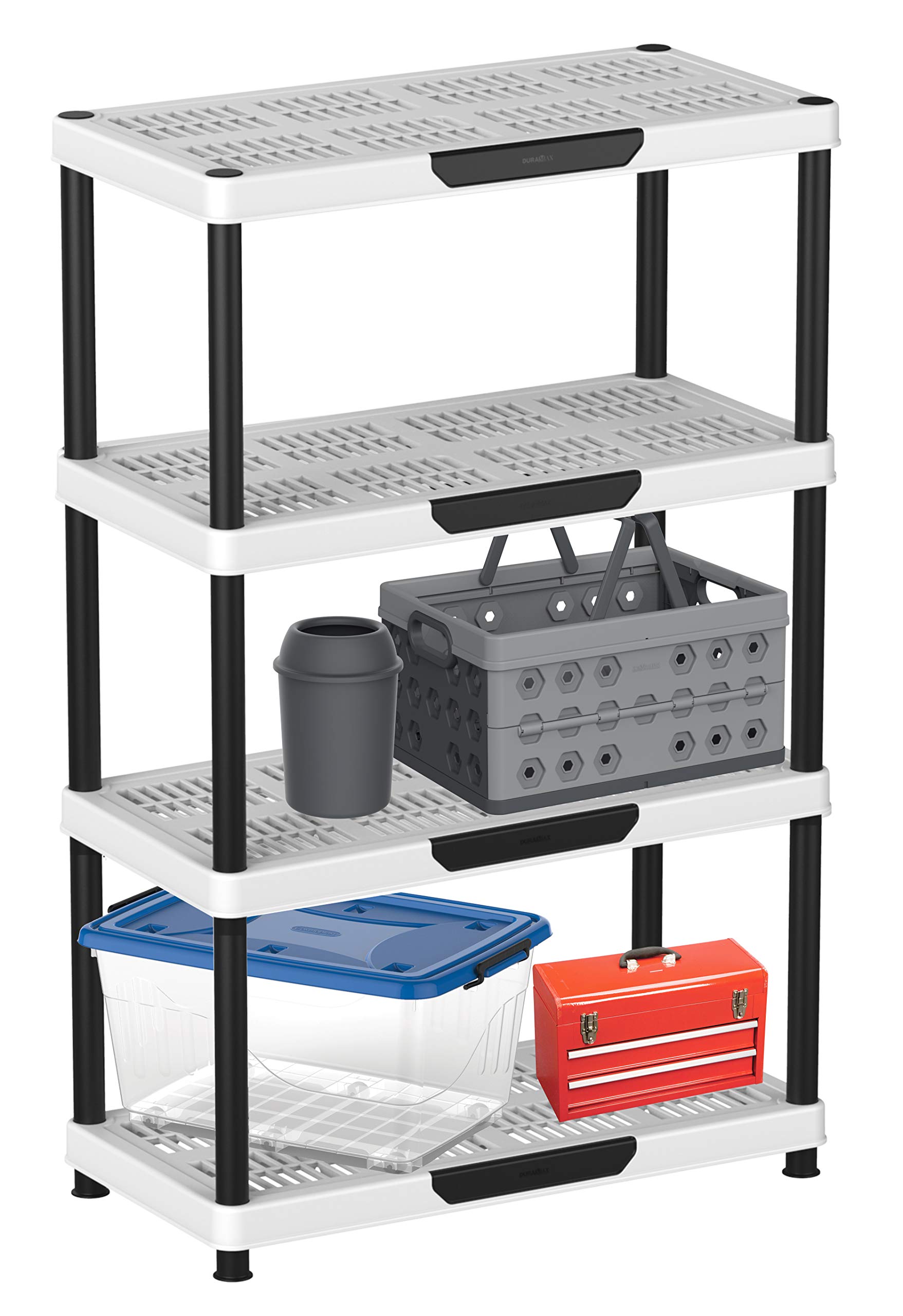 DuramaxPlastic Shelving Rack 4, 4 Tier Heavy Duty Plastic Shelves, Strong & Durable Racking, Storage Unit, Black & White