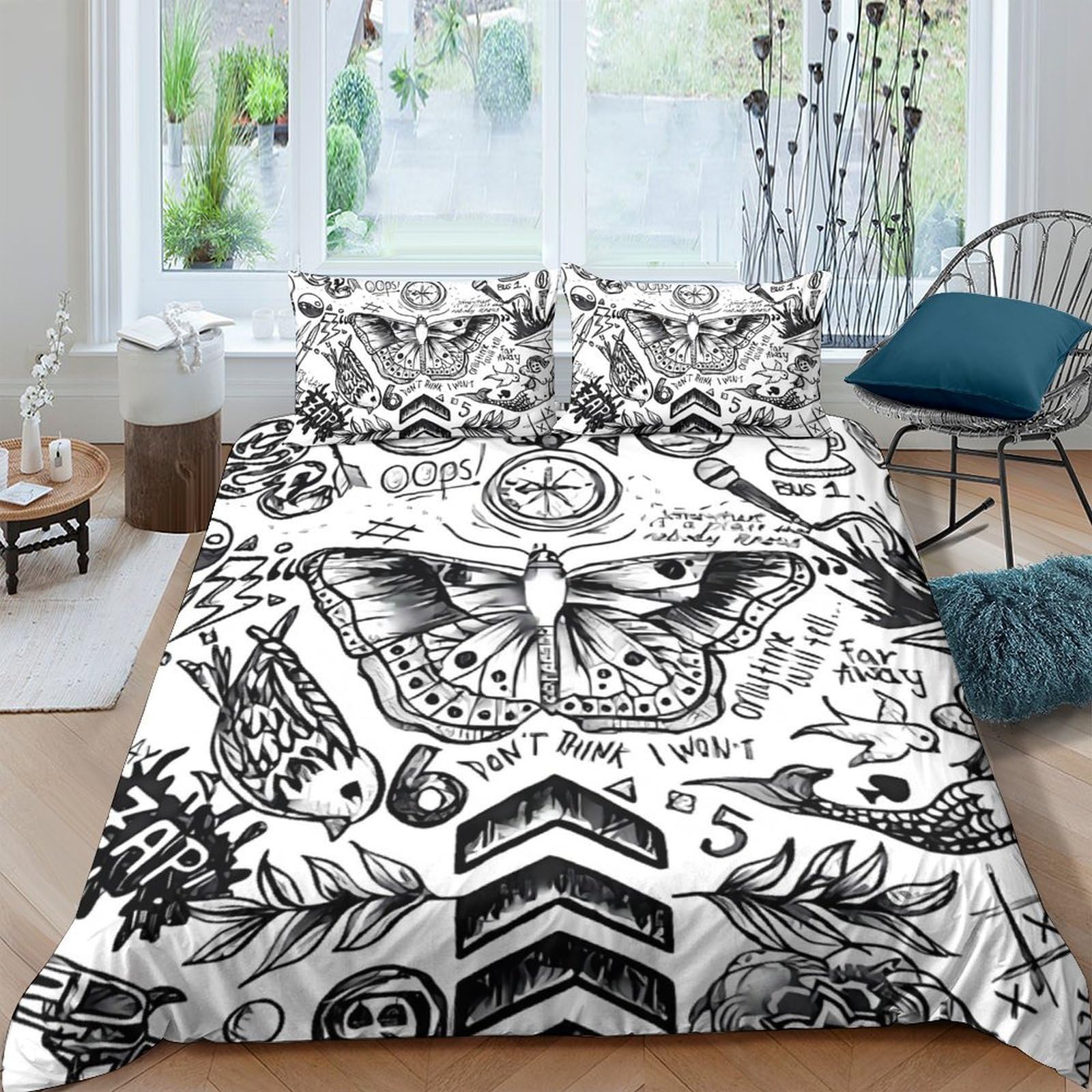 Ctjqhvkz Style-10 3D Printed Tattoo Butterfly Fitted Sheet Microfiber Soft Breathable Skull Bed Sheet For Bedroom Guest Room Decor Single（135X200cm）