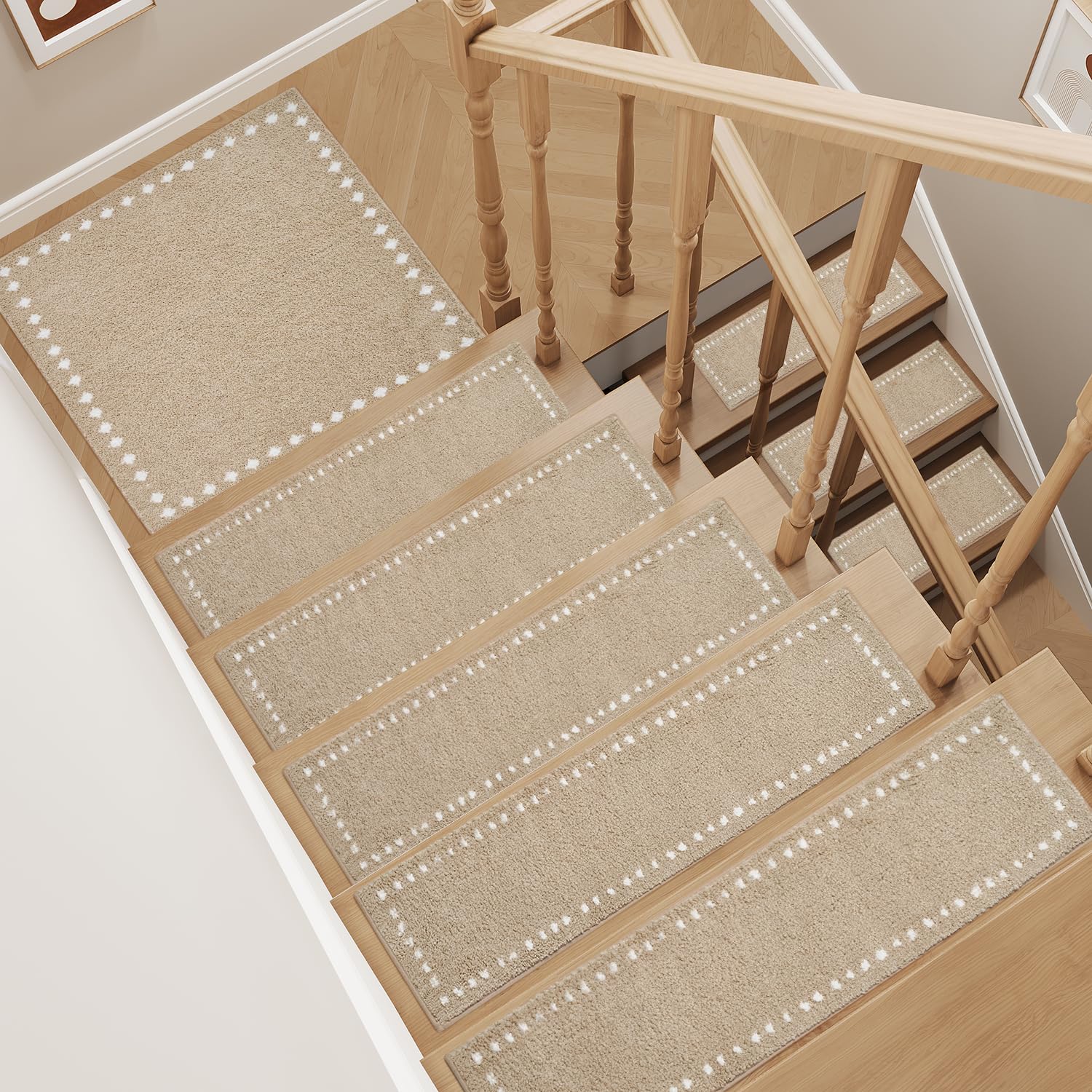 tchdio Stair-Treads Non Slip Indoor, Stair Treads for Wooden Steps 15PC, Soft Carpet Stair Treads, Peel and Stick Stair Treads Reusable Adhesive for Kids and Pets, Washable Stair Runner 8"x30" Beige