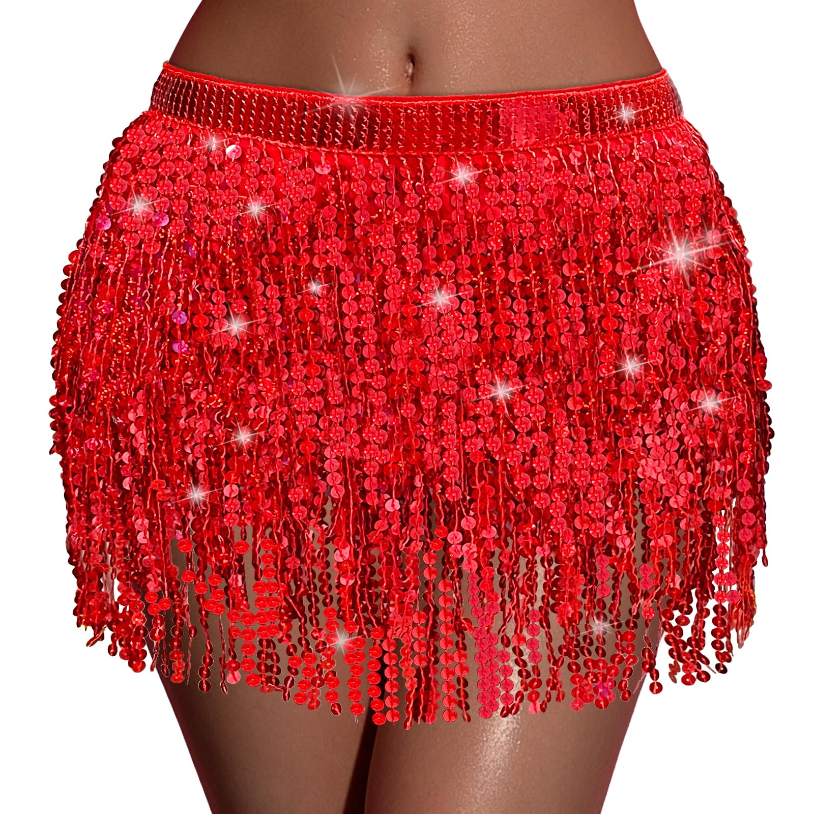 Women's Sequin Fringe Skirt Belly Dance Skirt Tassel Hip Scarf Multilayer for Halloween Party Festival Costume