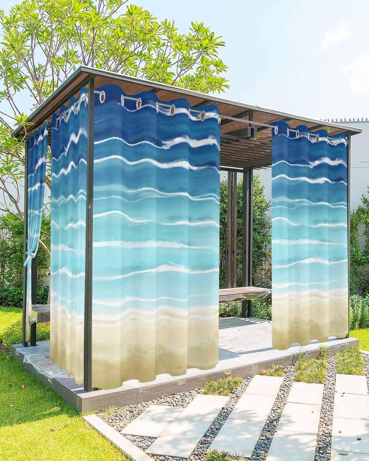 Summer Ocean Outdoor Curtain for Patio Waterproof, Blue Gradient Ocean Waves Outside Curtains with Grommet Top Curtain Panels Drapes for Pergola, Gazebo, Balcony 54" W x 84" L 2 Pcs