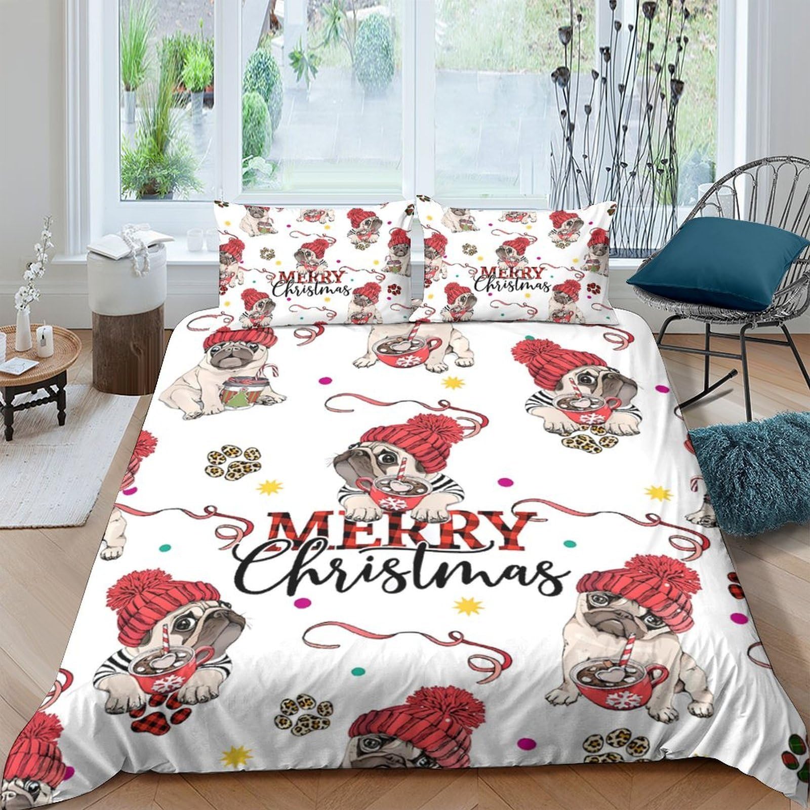 Ctjqhvkz Style-1 3D Printed Christmas Dog Fitted Sheet Microfiber Soft Red Hat Puppy Bed Cover For Bedroom Dorm Mattress Protection Decor Single（135X200cm）