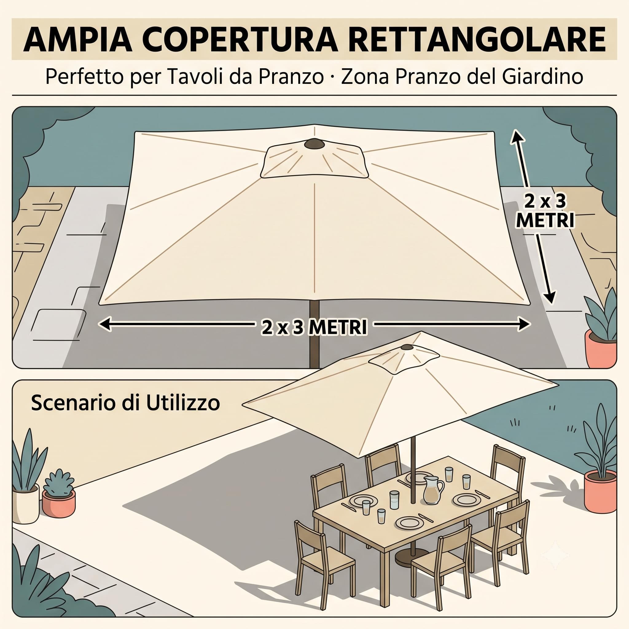 Lemag Ombrellone da Giardino Rettangolare 2x3 m con Manovella – Parasole Ecrù per Terrazzo e Esterno con Palo in Acciaio Robusto – Apertura Facile per Tavolo da Pranzo | Made in Italy