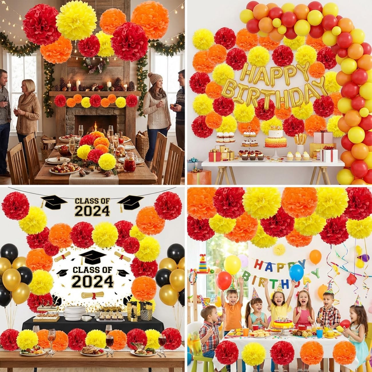12pcs Red Orange and Yellow Paper Pom Poms,Hanging Ceiling Tissue Flowers for Thanksgiving Firefighter Party Decoration - Image 2