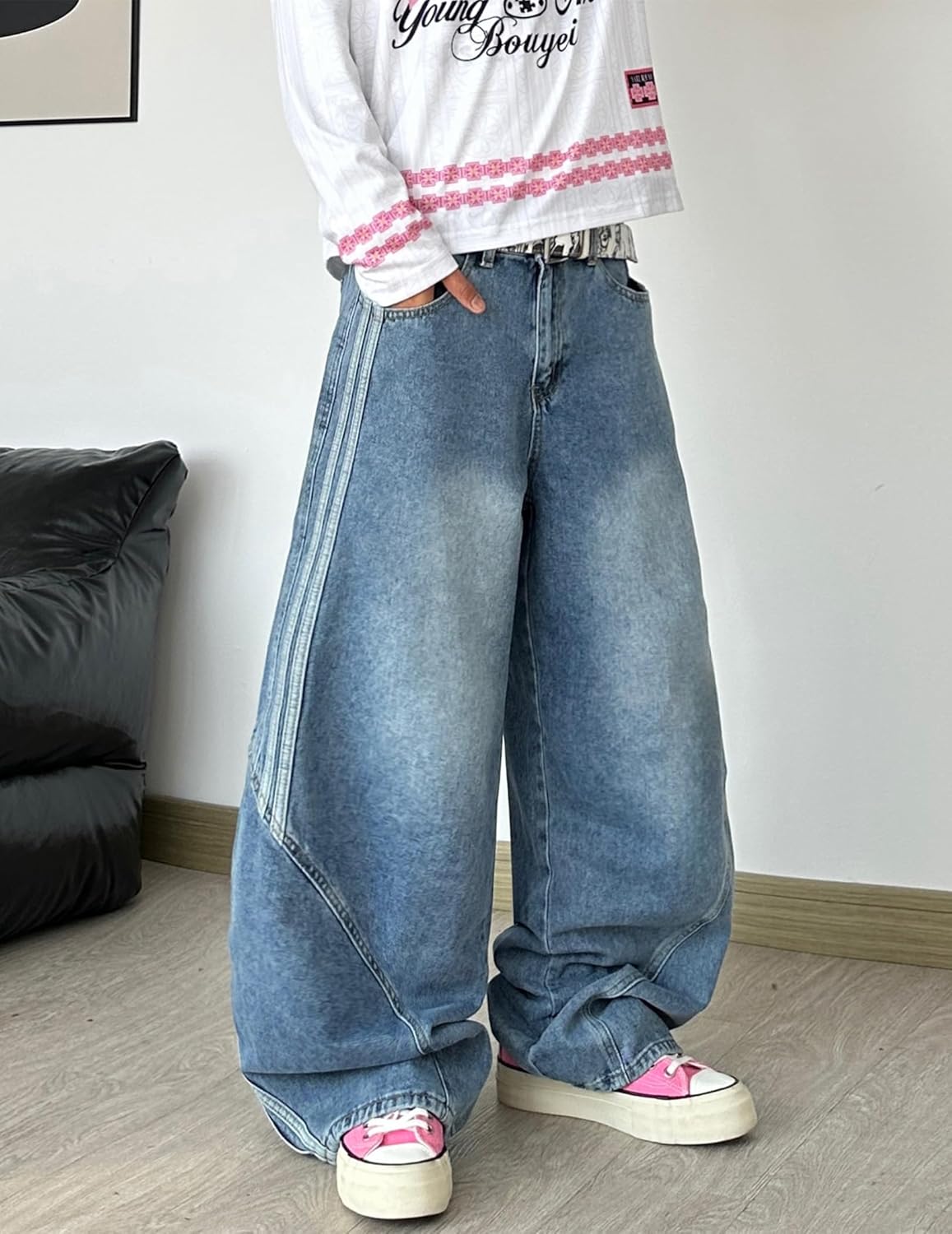 Men's Wide Leg Jeans Irregular Sutures Baggy Pants Loose Fit Skater Jeans Trousers with Pockets - Image 2