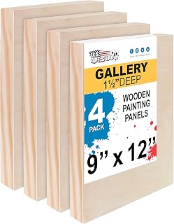 U.S. Art Supply Unfinished Cradled Wood Panels for Painting, 4 Pack of 9x12 inch - Gallery Birch Wooden Canvas Boards 1-1/2" Deep - Mixed-Media Craft, Acrylic, Oil, Encaustic, Paint Pouring
