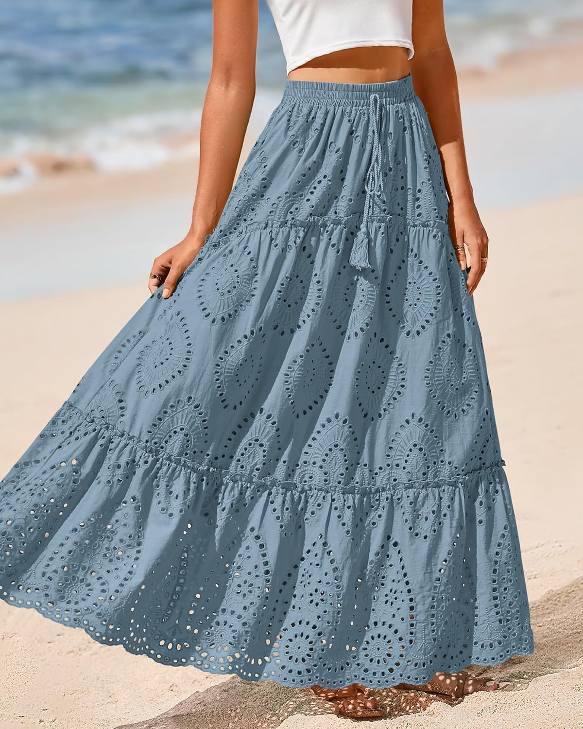 BTFBM Boho Long Skirts for Women Spring Summer 2026 Lace Embroidery High Waist Flowy Tiered Maxi Skirt Beach Vacation