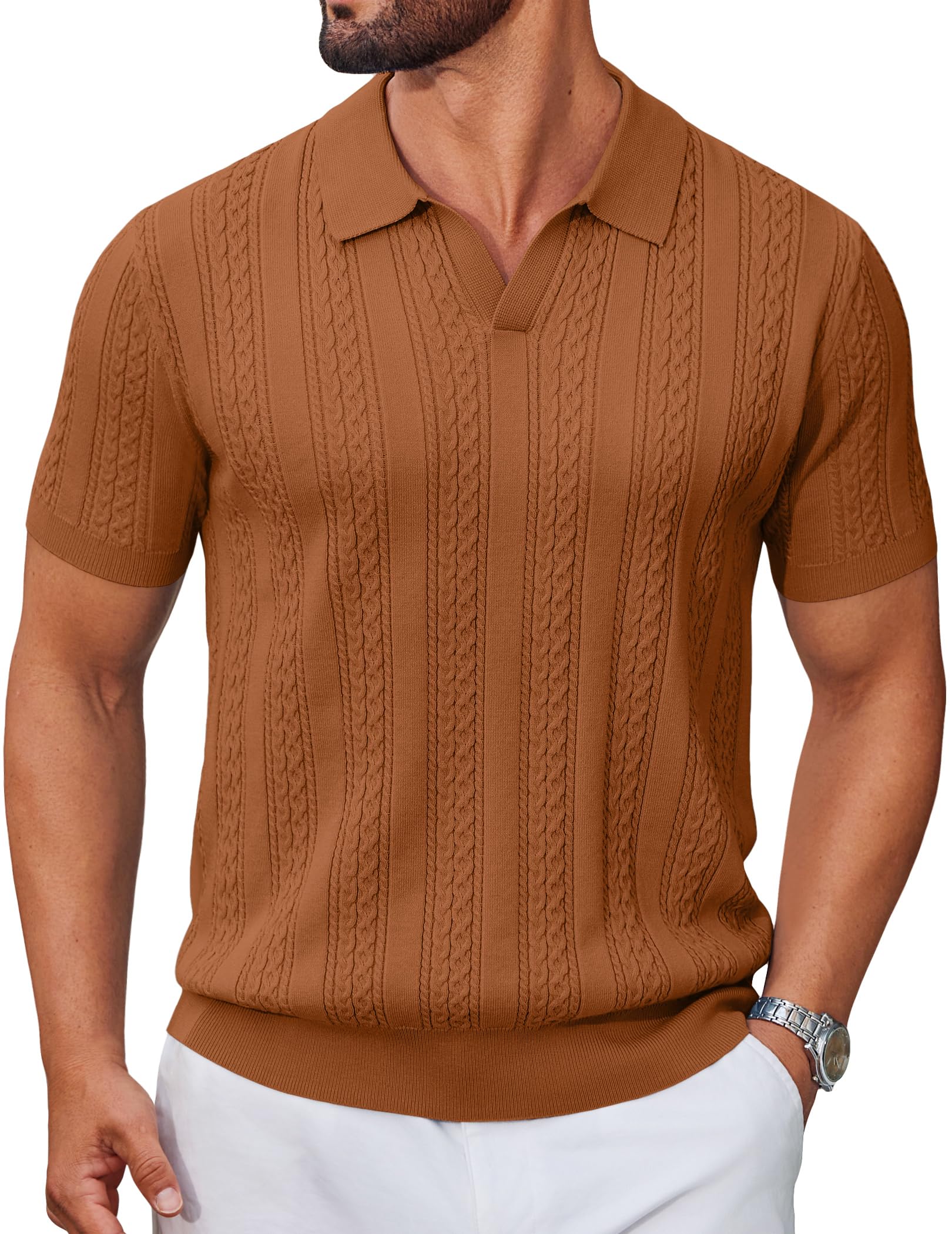 Coofandy Polo en Tricot pour Homme à Manches Courtes avec col en V Polo léger d'été décontracté texturé