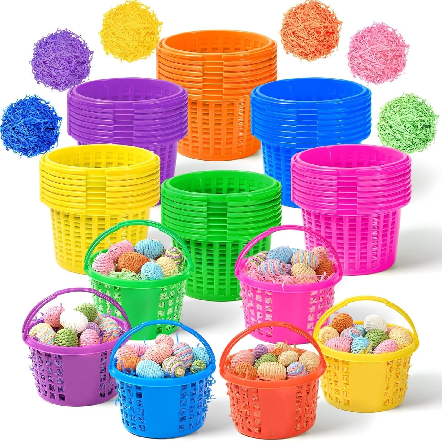 24 Pcs Plastic Mini Easter Baskets Bulk with Handles and 240g Grass, Colorful Small Egg Hunt Baskets Easter Grass Filler Stuffers for Spring Theme Party Favors Gifts Egg Hunt Supplies