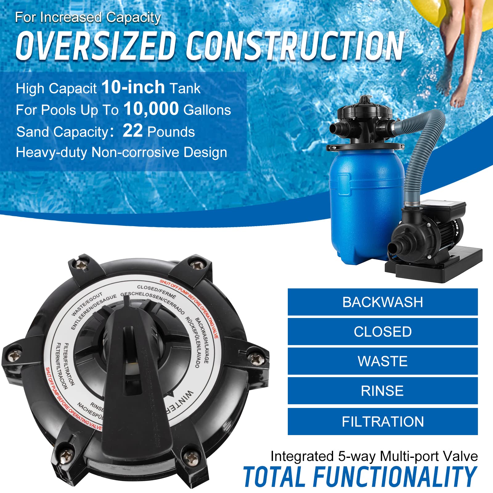 Bomba de filtro de arena de 1/3 HP, filtros de piscina de arena de tanque de 10 pulgadas para piscinas sobre el suelo, 2640 GPH, para piscinas de hasta 10000 galones, capacidad de 22 libras