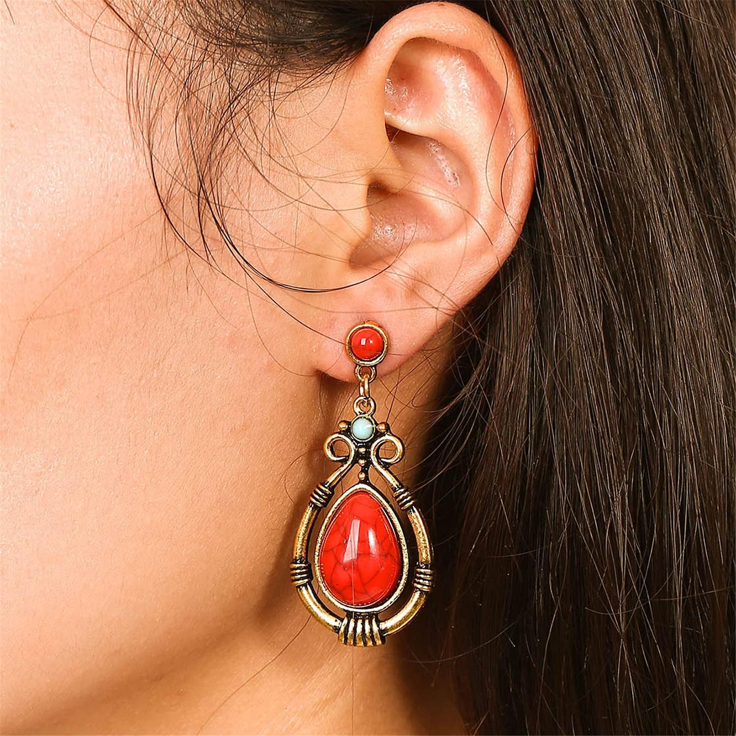 ANDPAI Handmade Lightweight Bohemian Vintage Gold Silver Reconstructed Turquoise Gemstone Pear TearDrop Dangle Earrings for Women Girls Statement Jewelry Gifts - Image 5