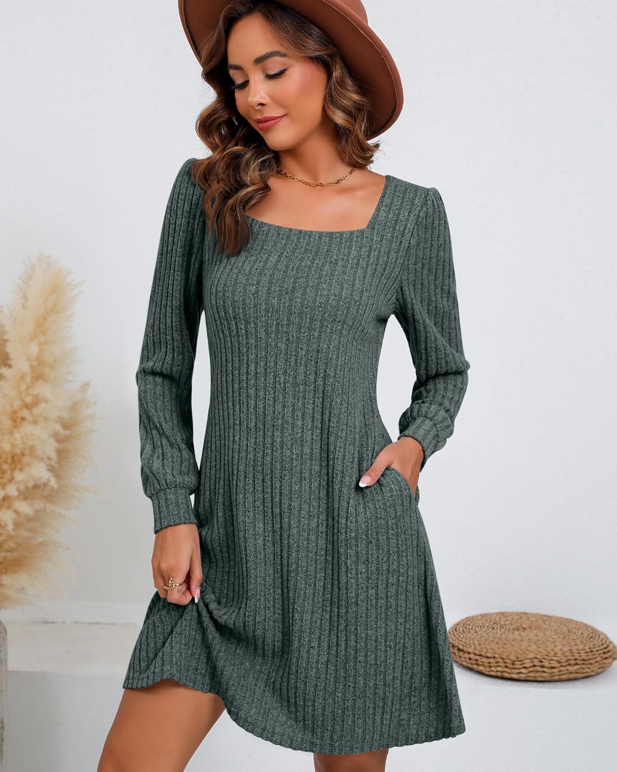 Riyiper Women's Square Neck Sweater Dress Long Sleeve Ribbed Knitted Casual Fall Winter Knee Length Dress with Pocket - Image 2