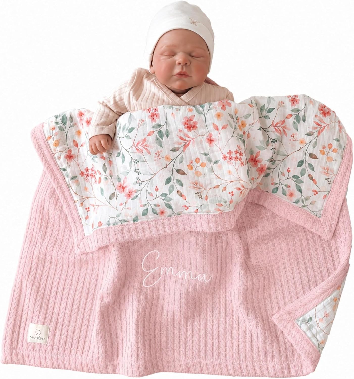 Mouliss Personalized Baby Blanket with Name – Handmade 100% Organic Cotton Newborn Gift | Custom Knit Blanket for Boys, Girls, Kids & Baby Showers (Petal Pink/Petal Whispers)