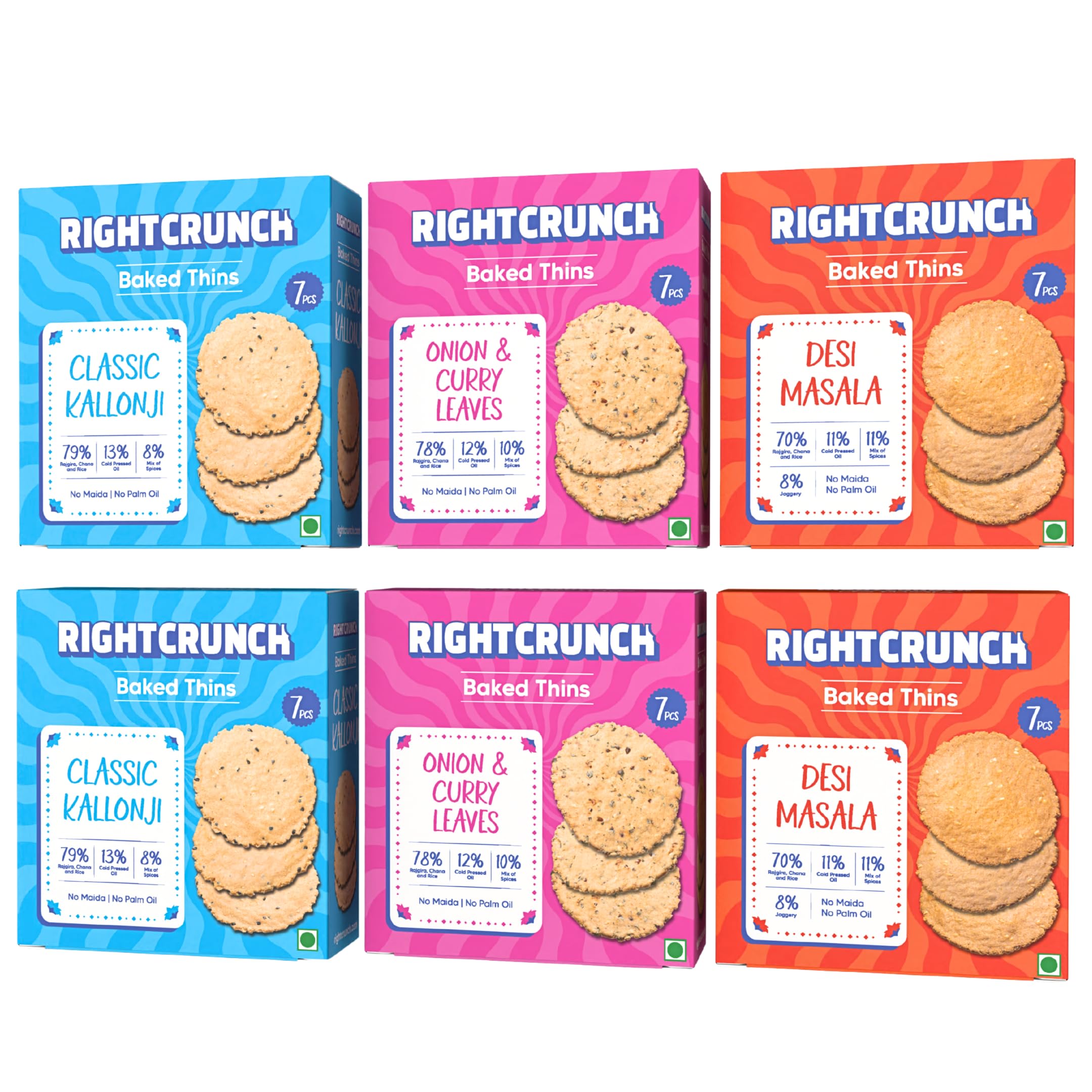 - Rightcrunch Baked Thins | No Maida, No Palm Oil | Gluten-free Healthy Snack| High Protein & Fibre | Light & Crispy | Pack of 6 Combo (Classic Kallonji, Onion Curry Leaves & Desi Masala)
