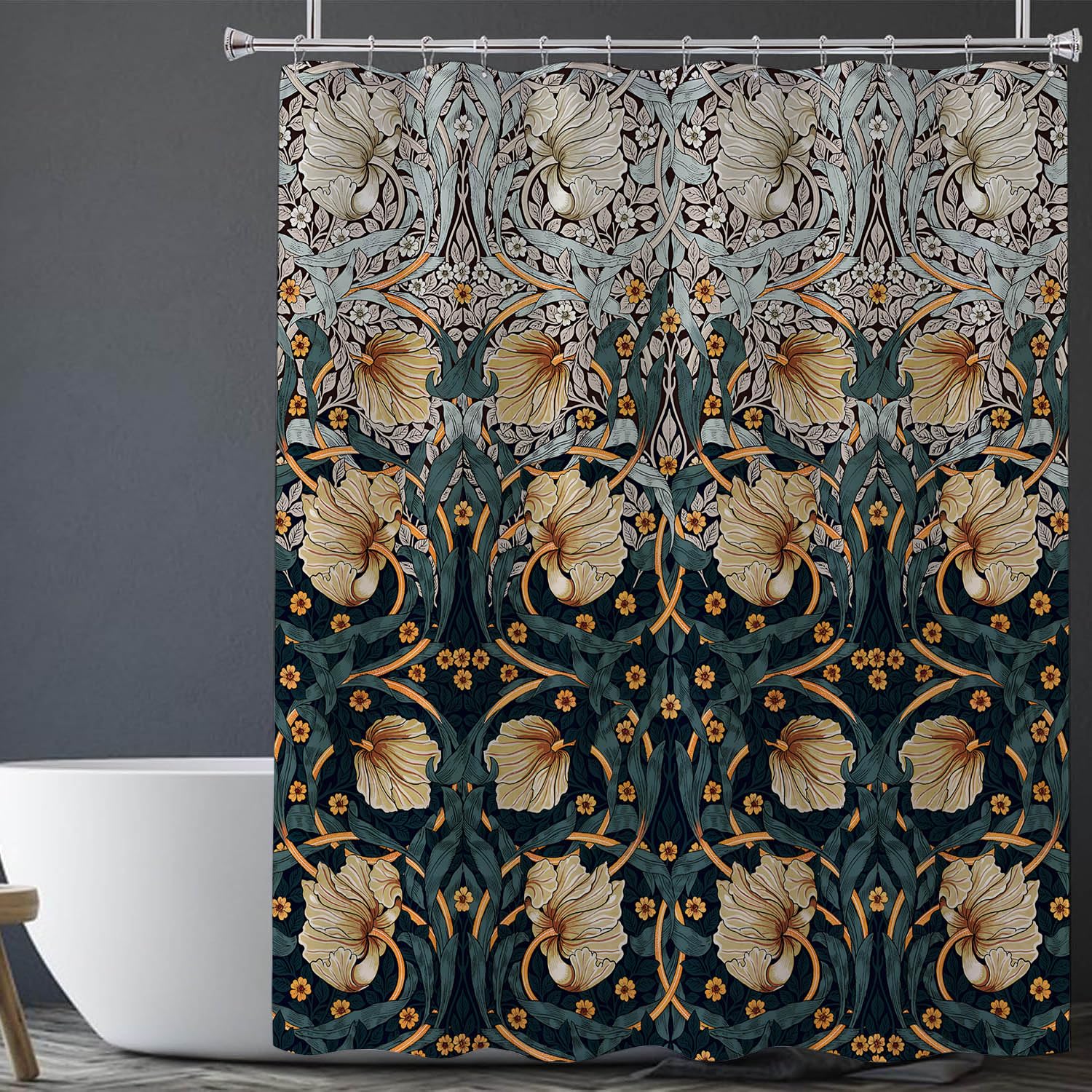 Awowee William Morris Vintage Floral Shower Curtain, Teal Yellow Pimpernel Shower Curtain Sets for Bathroom with 12 Hooks, Waterproof Bath Decor Curtains, 72 x 72 Inch