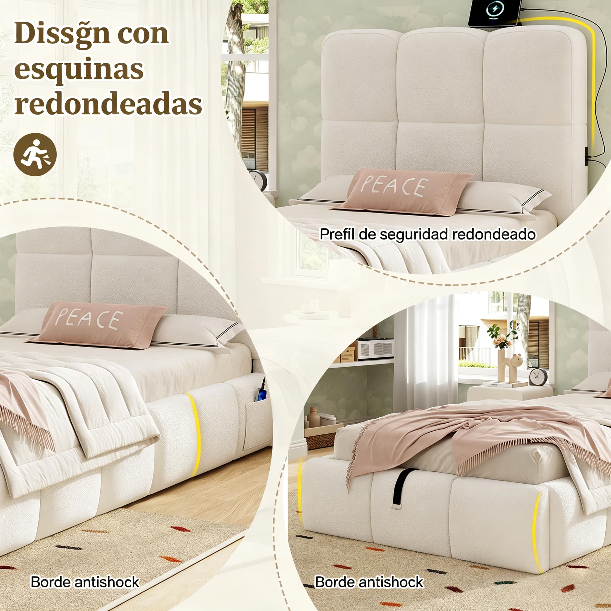 Mrwoo Cama Tapizada 90x200cm con USB, Cama Individual con Compartimento de Almacenamiento Hidráulico, Además, Rosa (Cama Sin Colchón)
