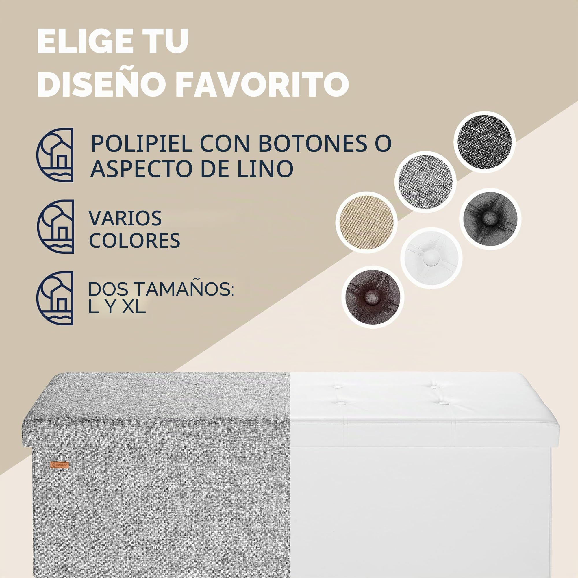 CASARIA® Banco Almacenaje Plegable Puff Reposapiés Otomana Almacenamiento Salón Dormitorio Capacidad Carga 300kg Resistente Efecto Lino 115x40x40cm Gris Claro