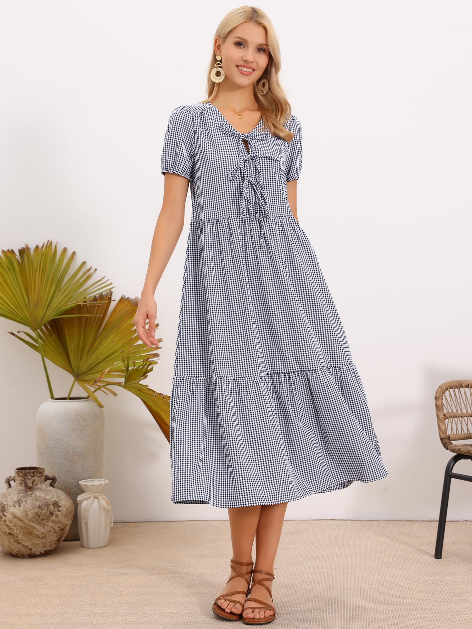 Allegra K Vestito da donna estivo casual con scollo a V a maniche corte con fiocco decorativo