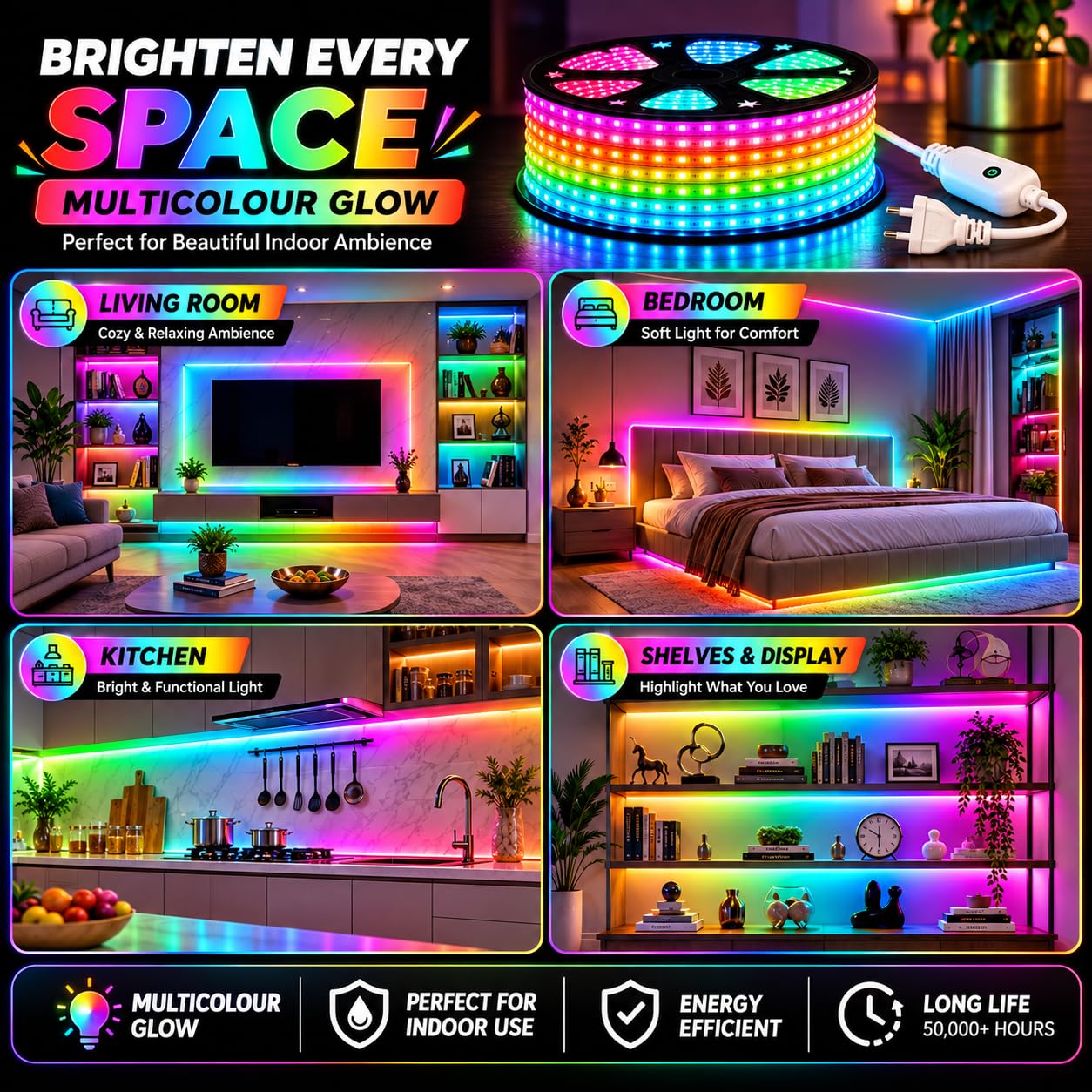 Gesto RGB LED Strip Lights - 15m Multicolor, 8 Modes -6