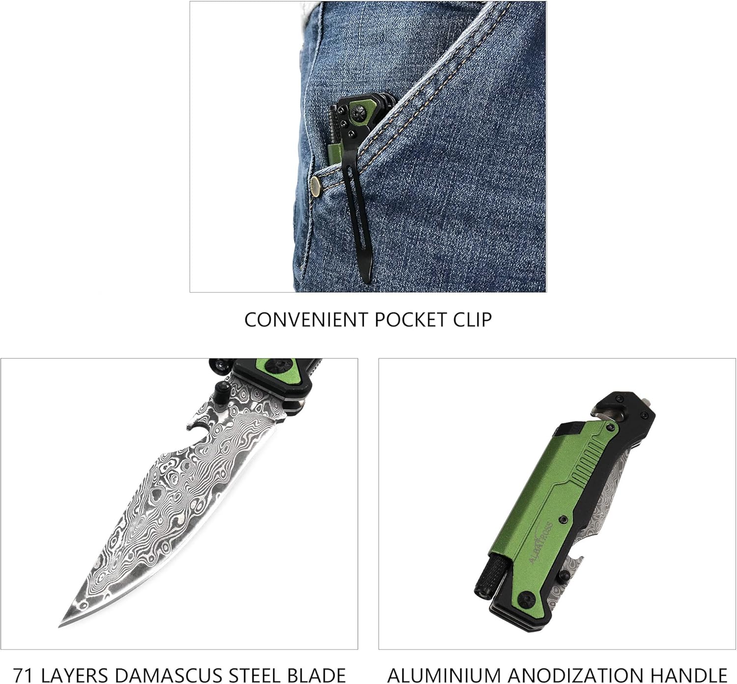 ALBATROSS 6-in-1 Modern Damascus Steel Folding Pocket Knives with LED Light,Seatbelt Cutter,Glass Breaker,Magnesium Fire Starter,Bottle Opener;Multi-Function Emergency Tool(Green-DA)