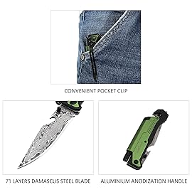 ALBATROSS 6-in-1 Modern Damascus Steel Folding Pocket Knives with LED Light,Seatbelt Cutter,Glass Breaker,Magnesium Fire Starter,Bottle Opener;Multi-Function Emergency Tool(Green-DA)