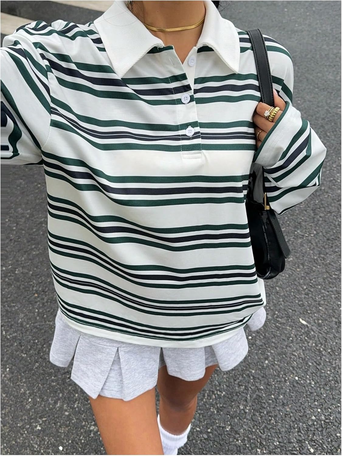 Women's Preppy Striped T Shirt Long Sleeve Button Front Collared Tee Top Casual Fall Clothes Streetwear - Image 4