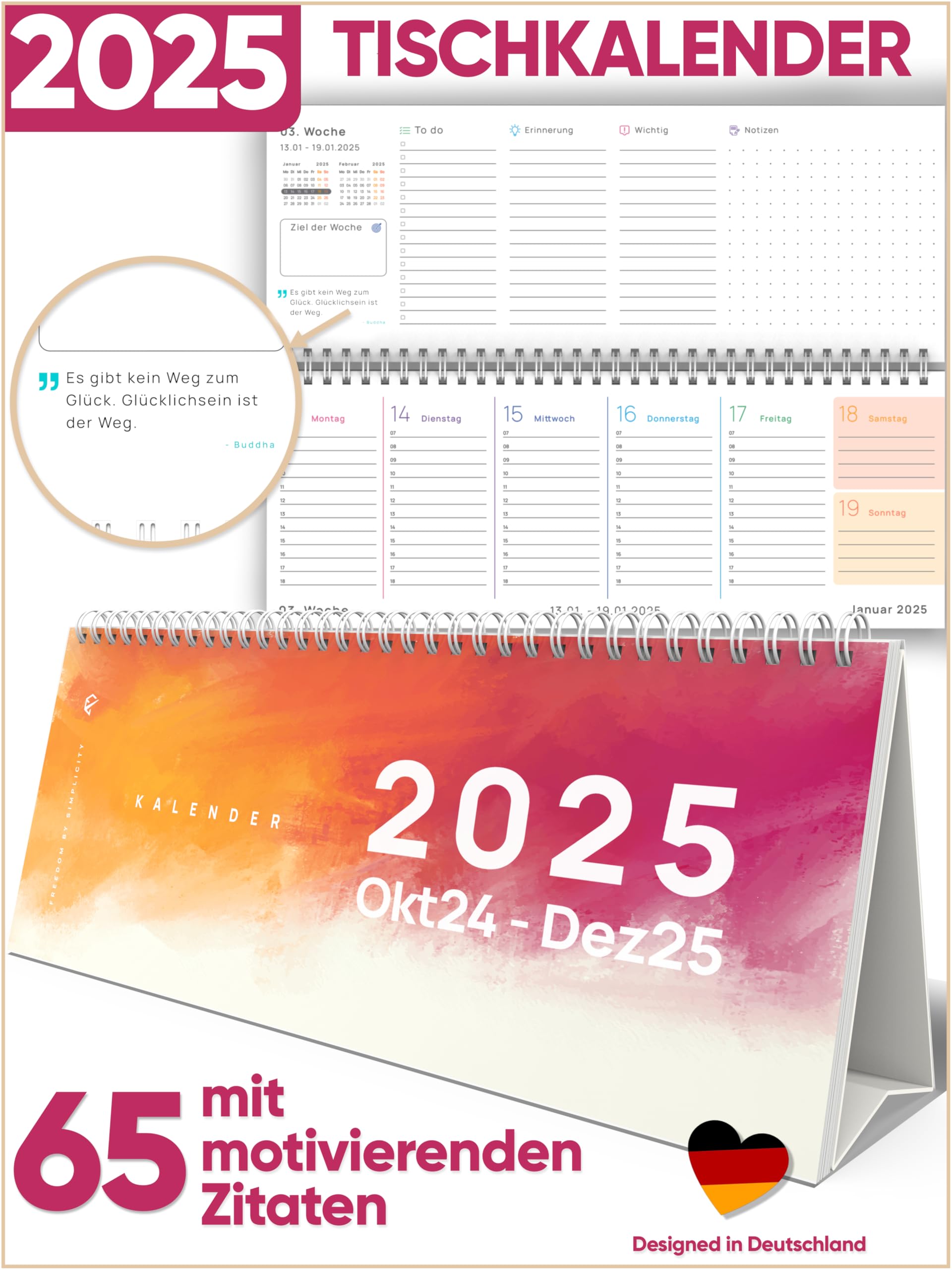 UNITURE Tischkalender Okt 2025-Dez 2026 - Monatskalender Mit To-Do Listen Im Hohen Format