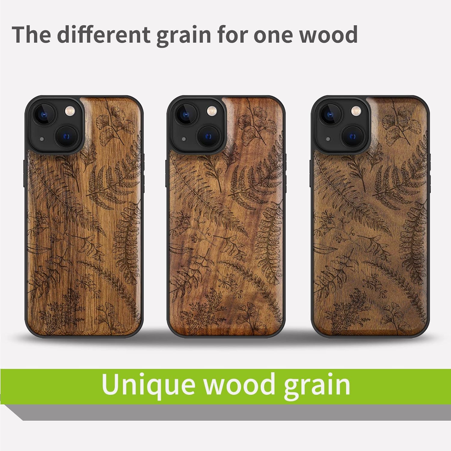 Carveit Magnetic Wood Case for iPhone 13 Case [Hard Real Wood & Black Soft TPU] Unique & Classy Wooden Shockproof Protective Cover Compatible with MagSafe (Fern Leaves & Herbs -Walnut)