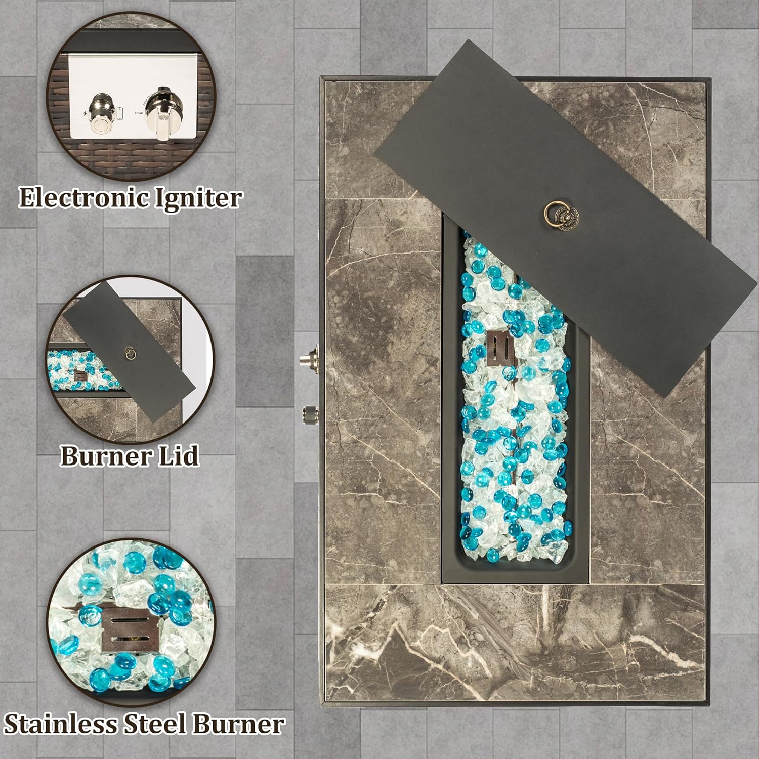 32-Inch Fire Pit Table, 50,000 BTU Fire Table with Brown Wicker & Marble Textured Ceramic Tabletop, Rectangle Propane Gas Fire Table with Lid for Outside Patio Deck Garden Courtyard