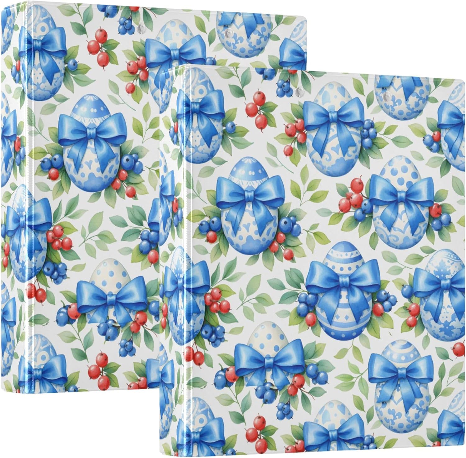 Easter Eggs and Blue Bows 3 Ring Binders, 1.5” Round Ring Binders with Clipboard - Letter Size, 3 Interior PVC Clear Pockets & Anti-Slip Clip for Office School Supplies, 2PCS