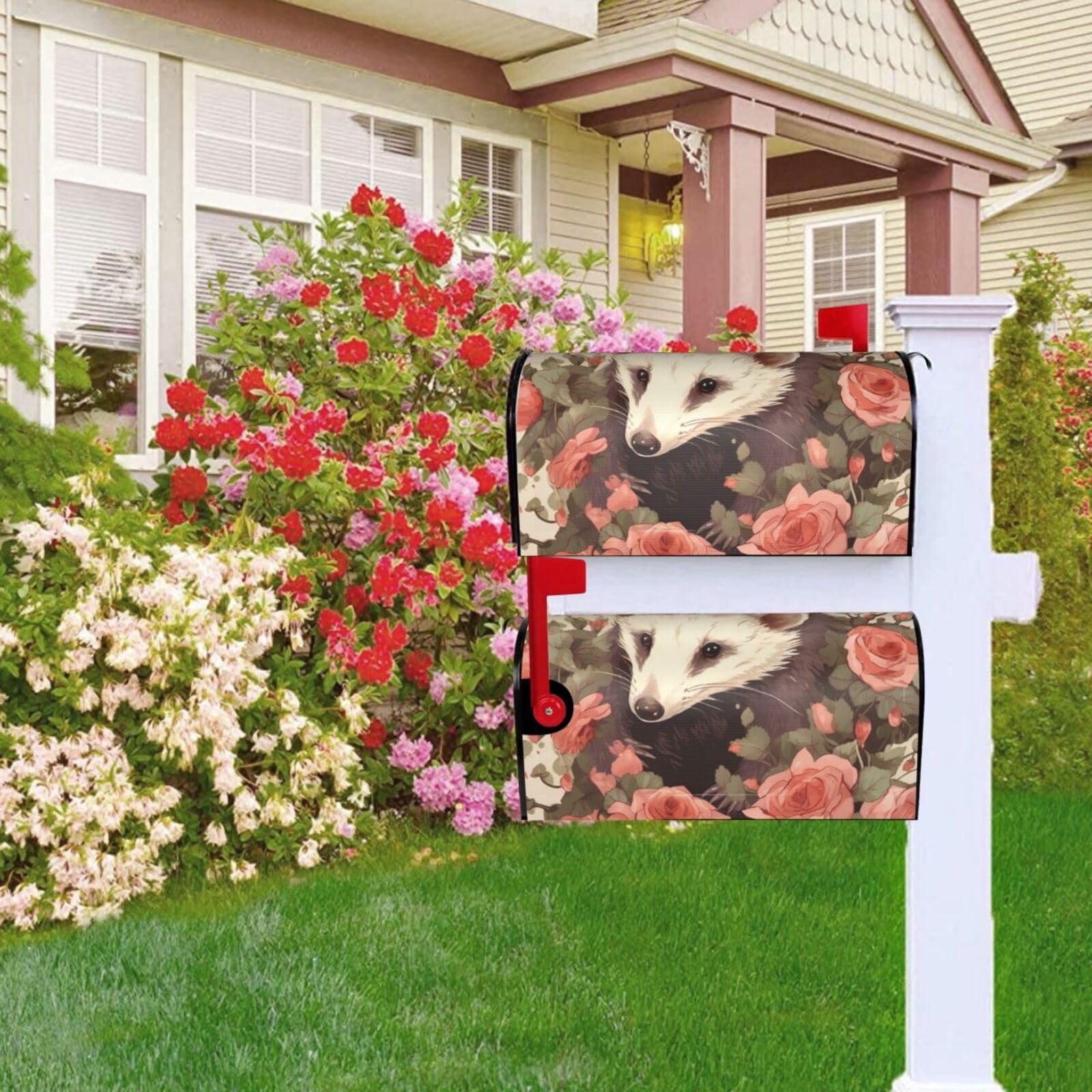 Mailbox Cover Magnetic Mailbox Wraps 21x18 in Opossum and Roses Post Letter Box Welcome Mail Wrap Outdoor Letter Box Cover Post Box Cover Decor for Yard Mail Box Covers Garden Outdoor Decor