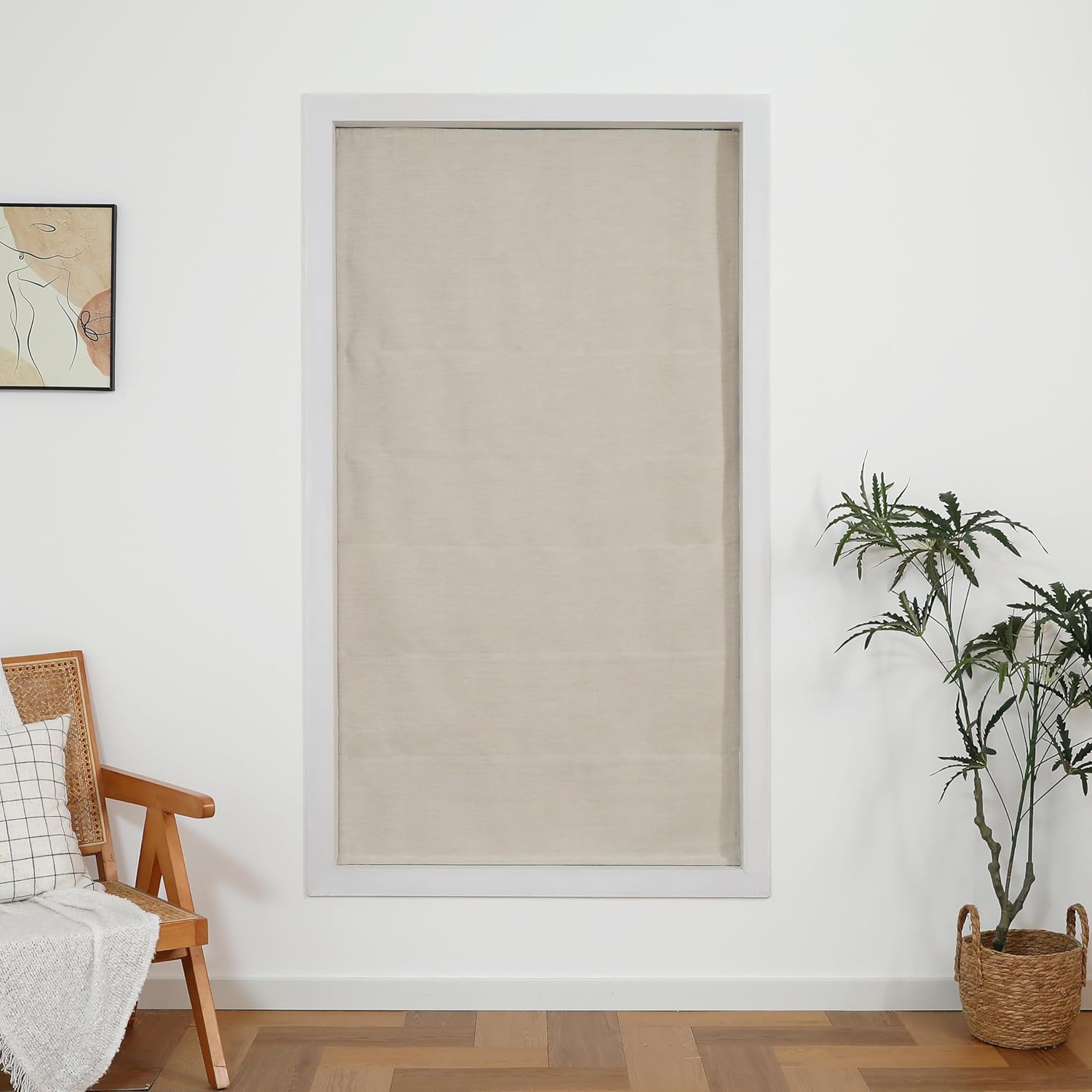 Blackout Chenille Velvet Roman Shade Soft Luxury Window Blind for Light Blocking and Privacy. Cordless, Thermal Insulated, Custom Inside and Outside Mount 27x64 Oatmeal