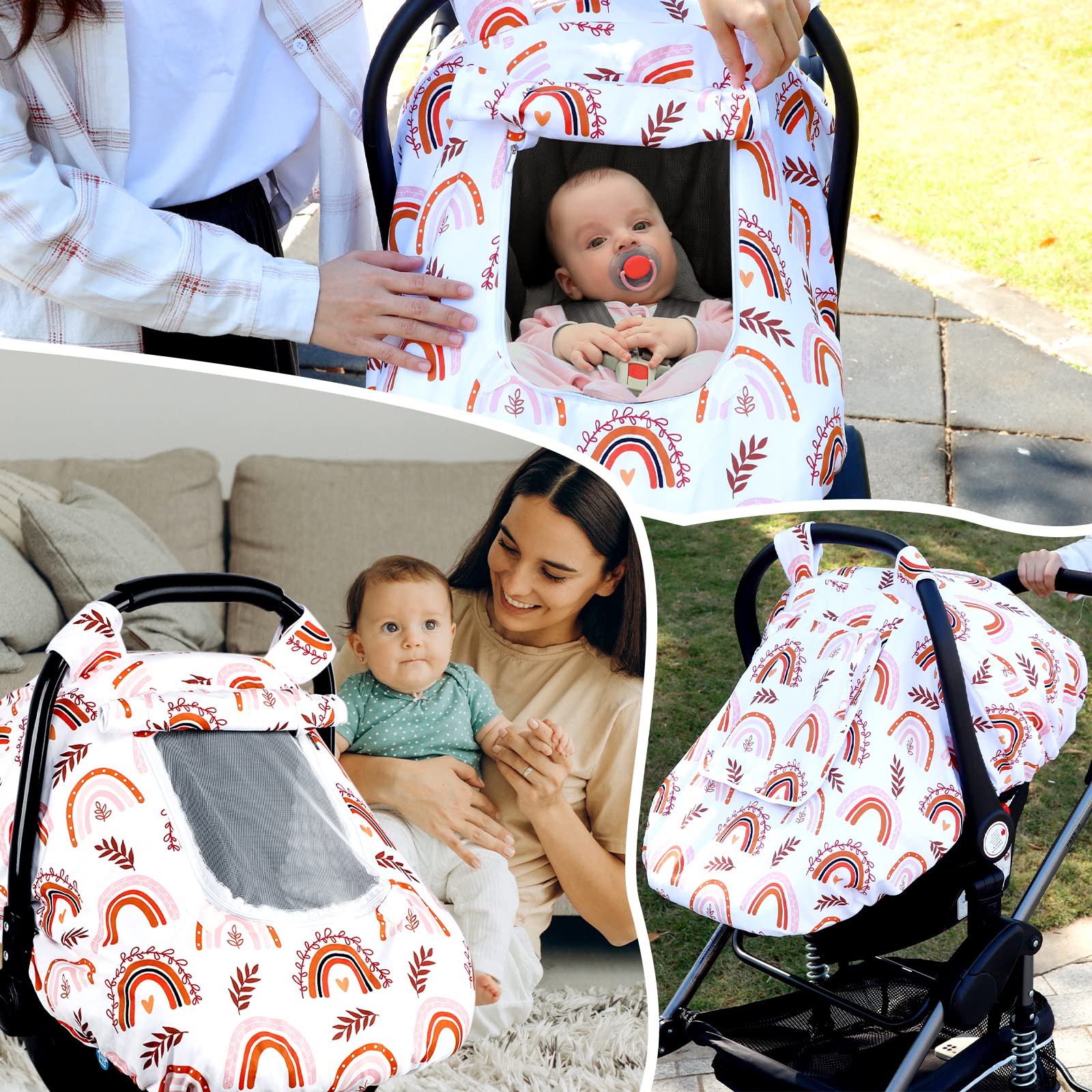 Pea Pod Baby-Autositzbezug für Mädchen, Regenbogen-Autositzbezüge für Neugeborene, 2 Schichten Fenster aus atmungsaktivem Netz/Stoff, leichtes Polyester, Minky Dot Rückseite, eng anliegende Passform