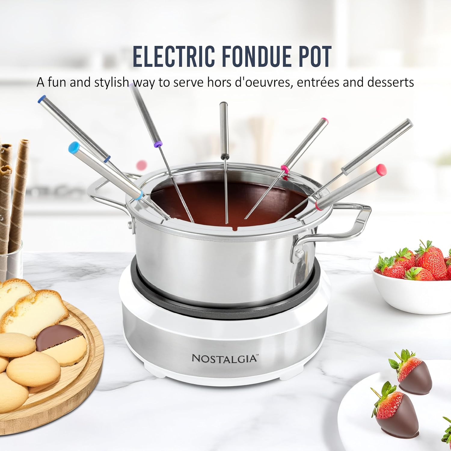 Nostalgia 8-Cup Electric Fondue Pot Set for Cheese & Chocolate - 8 Color-Coded Forks, Temperature Control - Kitchen Gadgets and Appliances for Hors d'Oeuvres and More - White