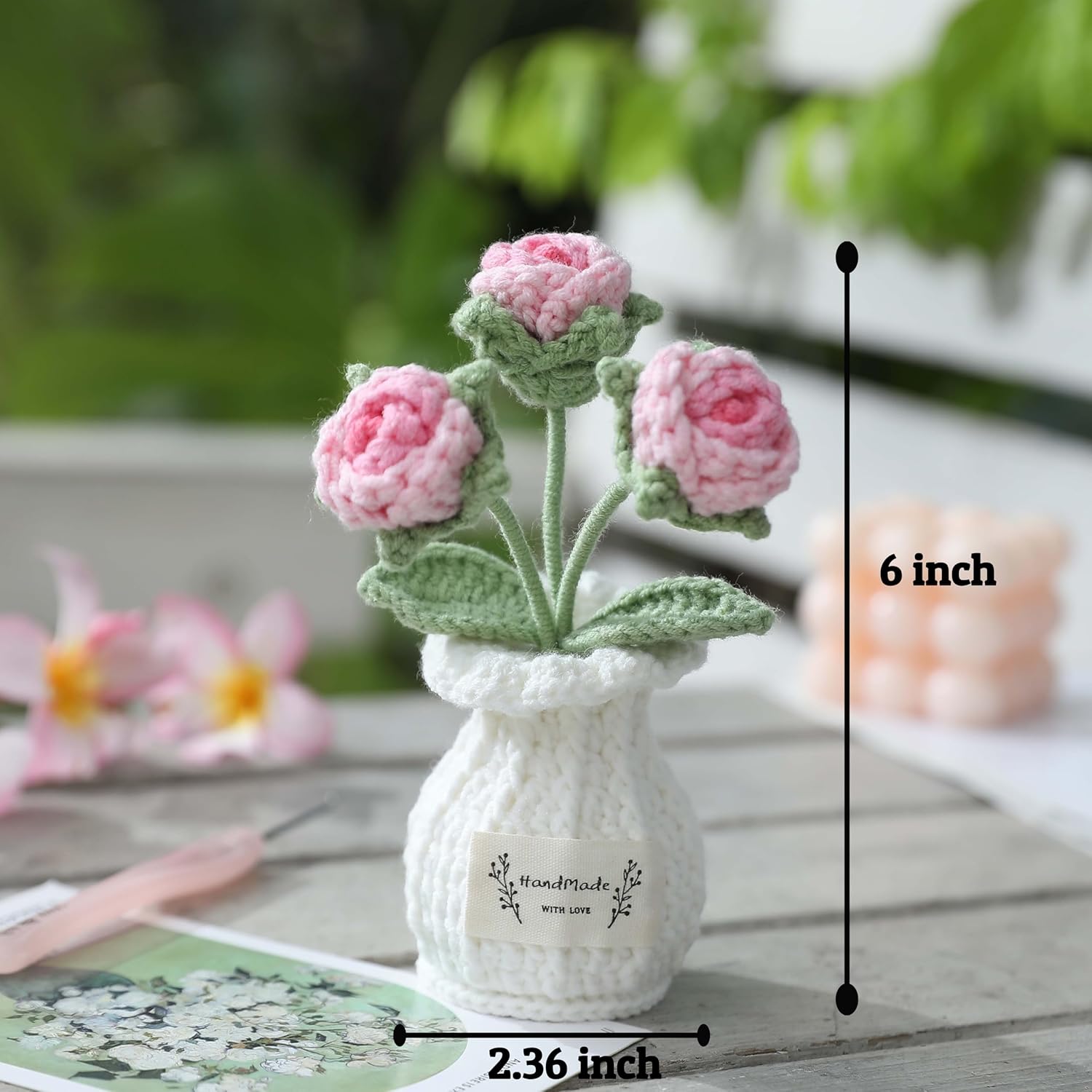 Crochet Rose Flower Potted Plant – Pink, Valentines Day Gift for Her, Handmade Knitted Romantic Desk Decor - Image 2