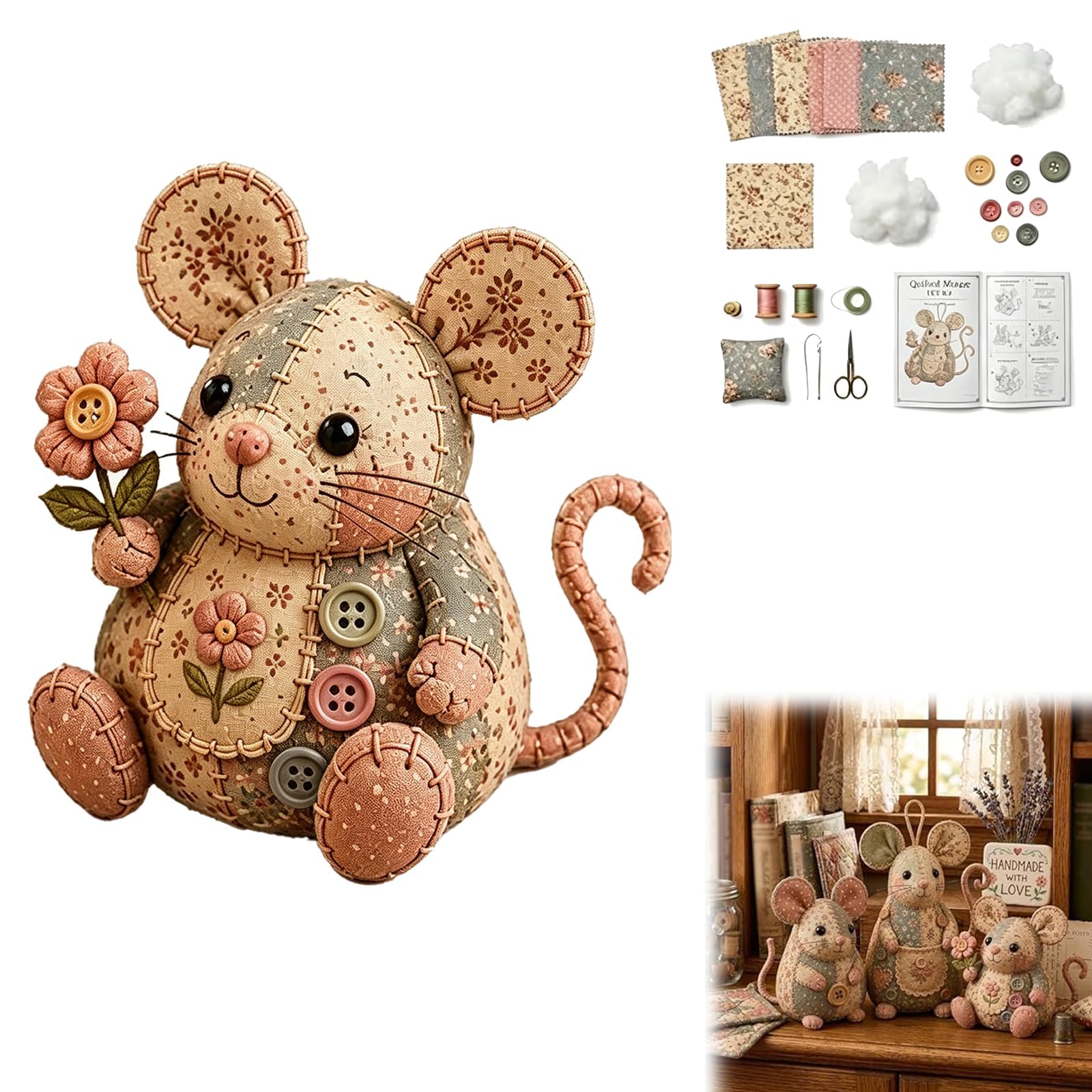 Bgdhinkt Vintage Patchwork Mouse Felt DIY Sewing Kit for Beginners, Complete Craft Set with Pattern & Guide, Cute Animal Handcraft Birthday Gift (A-1)